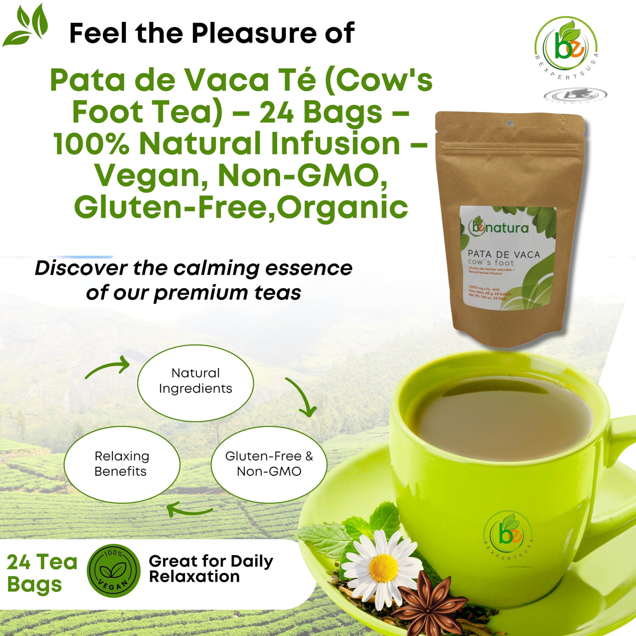 Pata de Vaca Té (Cow's Foot Tea) - 24 Bags - 100% Natural Infusion - Vegan, Non-GMO, Gluten-Free + Pata de Vaca Capsules - 1500 mg Per Serving, 90