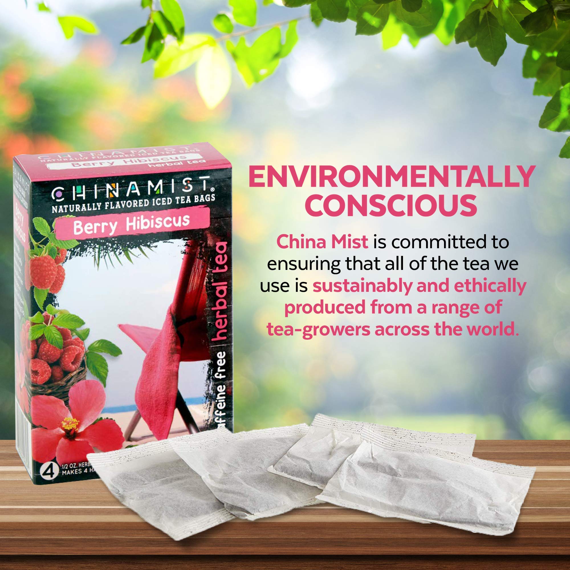 China Mist Iced Tea - Berry Hibiscus Herbal Tea Infusion - Refreshing and Delicious - Each Tea Bag Yields 1/2 Gallon - 4 bags.