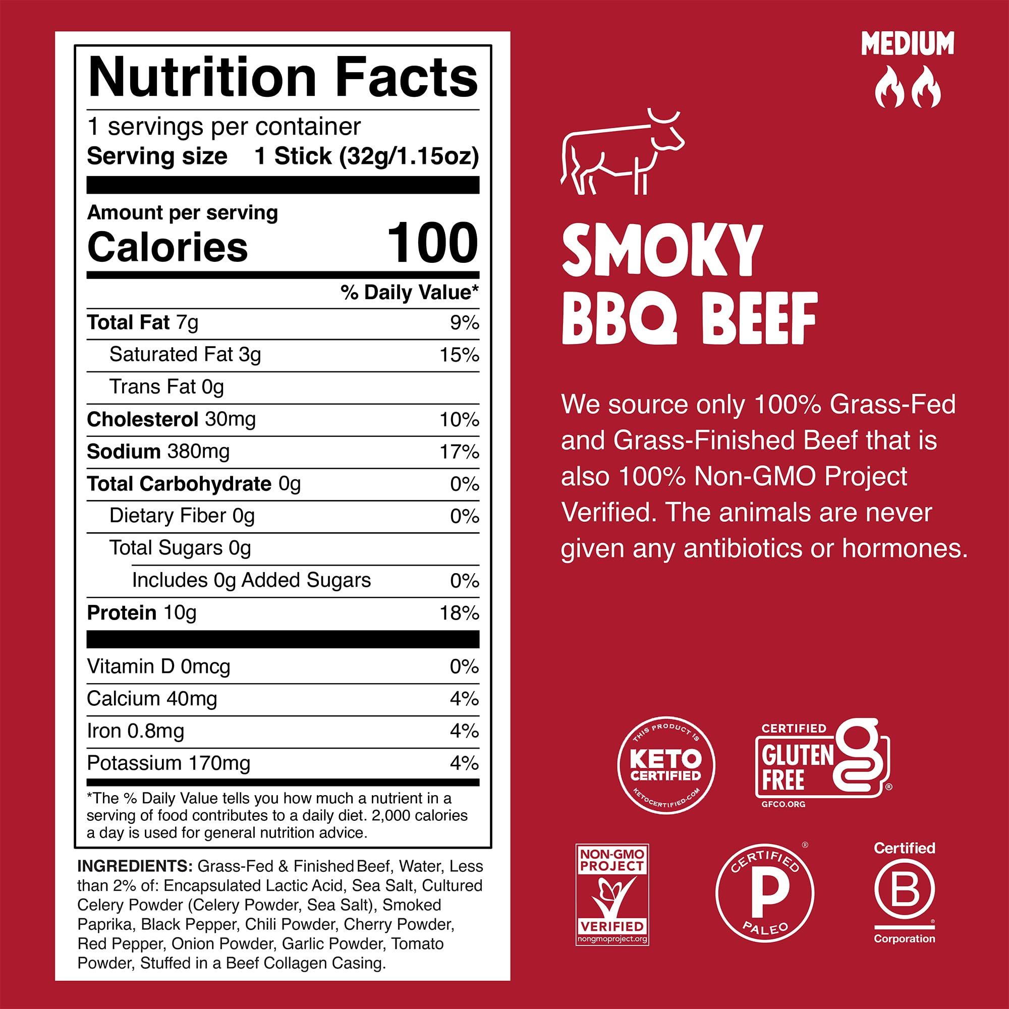 Chomps Grass-Fed and Finished Smoky BBQ Beef Jerky Snack Sticks 10-Pack - Keto, Paleo, Whole30, 10g Lean Meat Protein, Gluten-Free, Zero Sugar Food