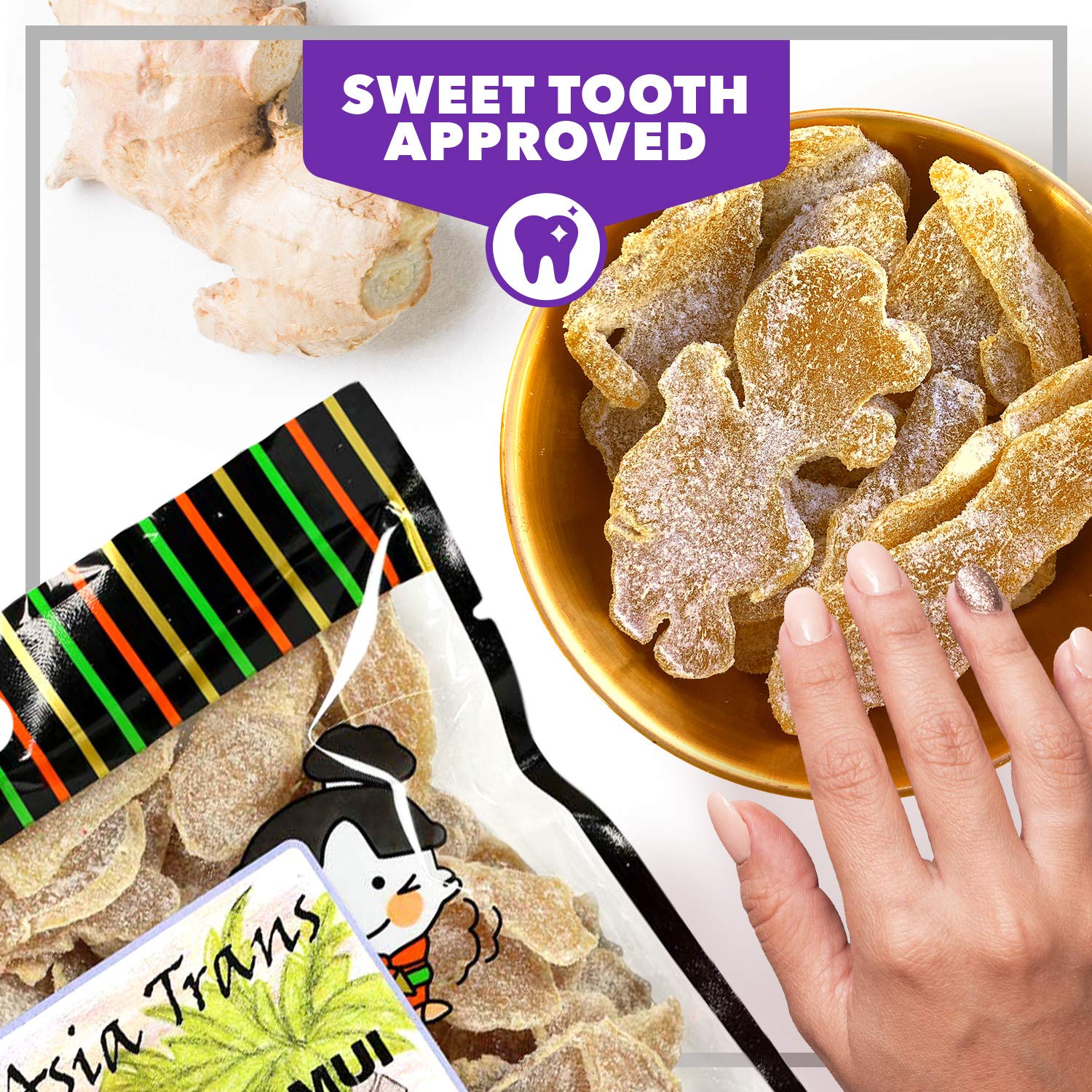 Asia Trans Li Hing Mui Dried Ginger Candy - Crystallized and Preserved Asian Fruit Slices with Plum Powder - Fresh-Packed Chews with Light Sugar