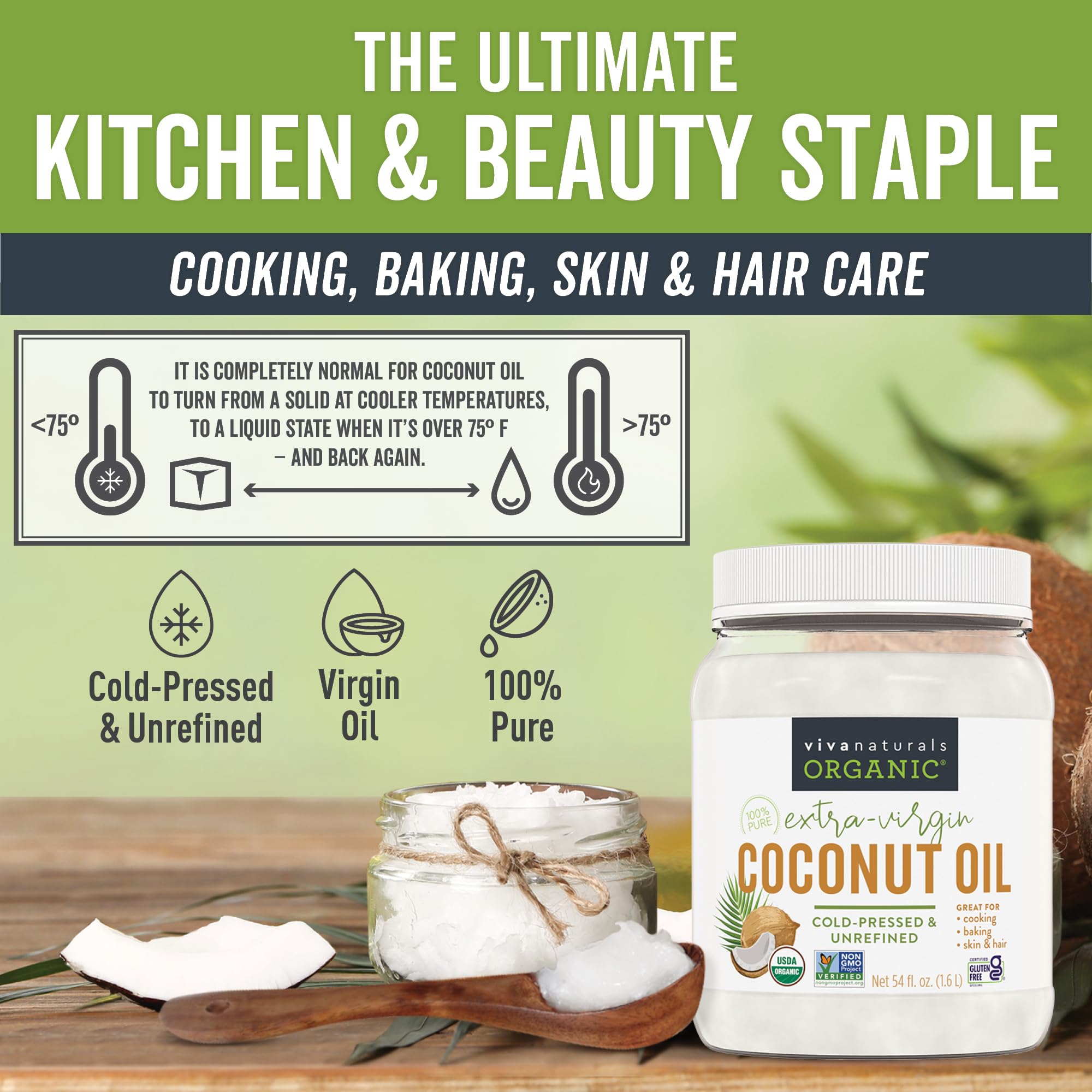 Viva Naturals Organic Coconut Oil, 54 fl oz - Unrefined, Cold-Pressed Extra Virgin Coconut Oil, USDA Organic & Non-GMO, Natural Cooking Oil, Hair Oil & Skin Oil