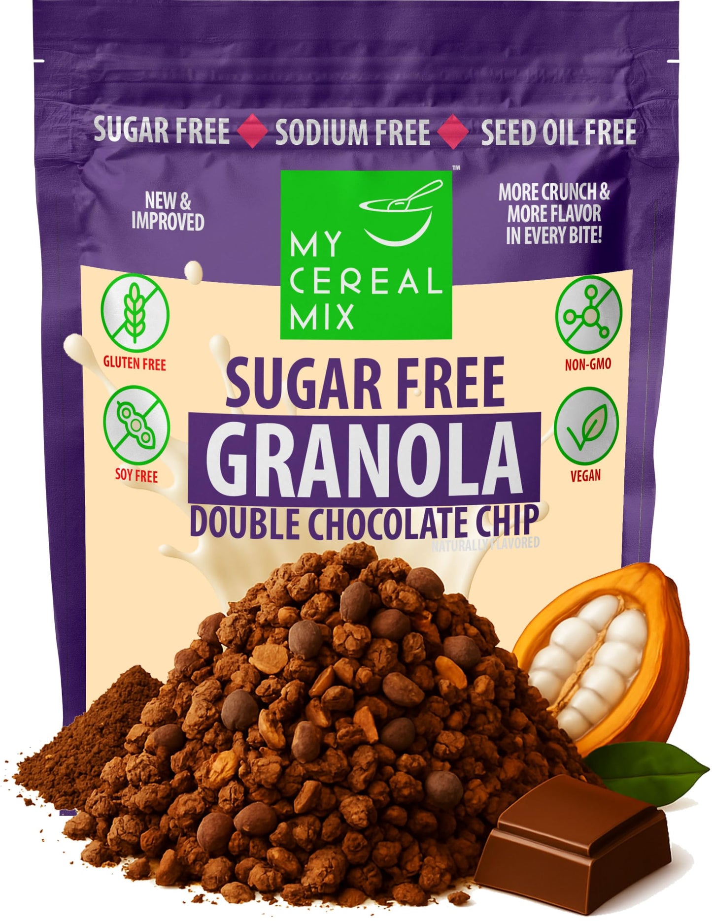 MyCerealMix Sugar Free Granola Double Chocolate Chip, 10oz Trial Size - Keto Diabetic Cereal, High Fiber Gluten Free Breakfast, Monk Fruit