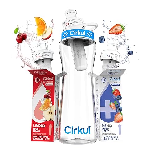 Cirkul 22oz. BPA-Free Plastic Water Bottle Starter Kit with Blue Lid, 2 Flavor Cartridges (1 LifeSip Fruit Punch, 1 FitSip Mixed Berry) No Sugar, Zero