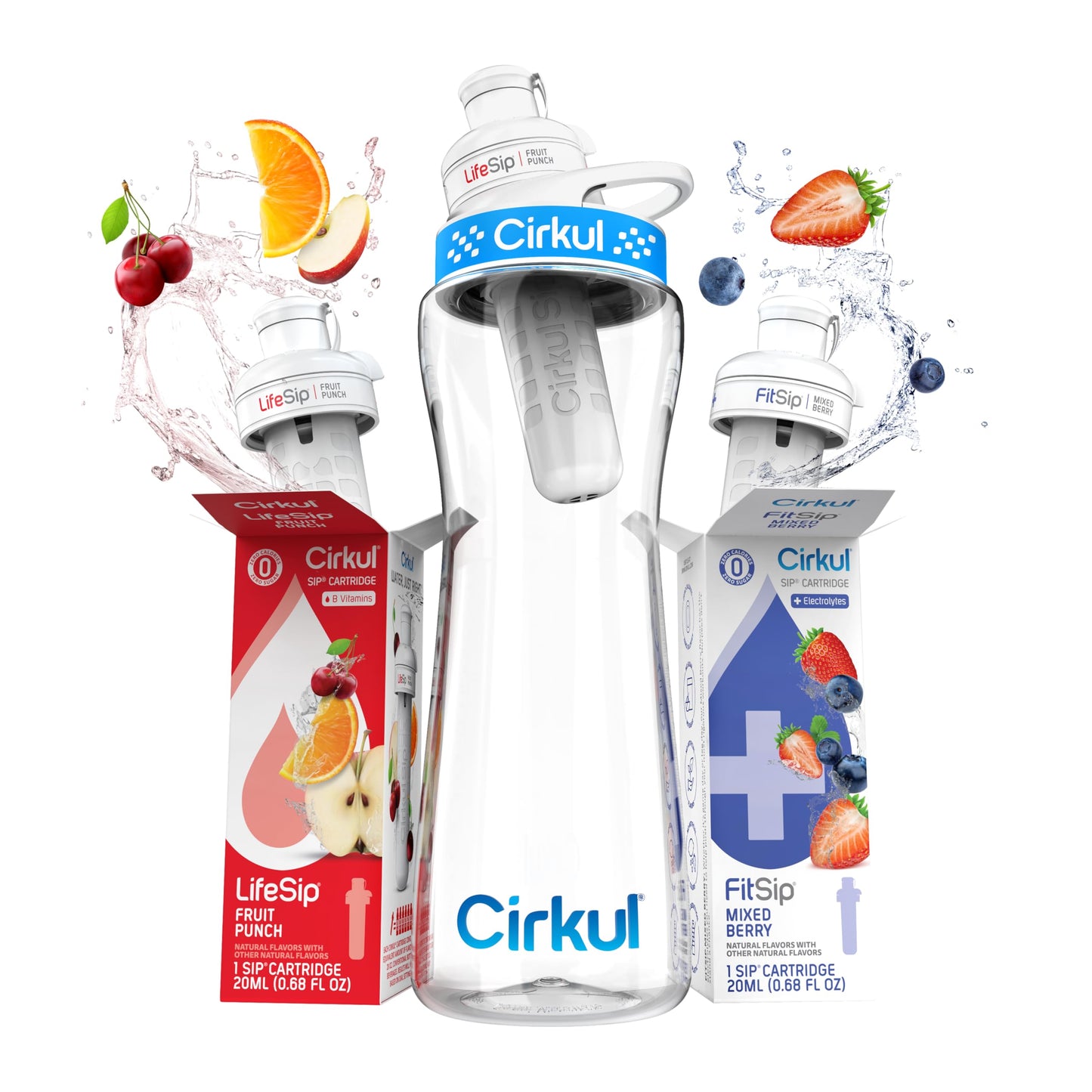 Cirkul 22oz. BPA-Free Plastic Water Bottle Starter Kit with Blue Lid, 2 Flavor Cartridges (1 LifeSip Fruit Punch, 1 FitSip Mixed Berry) No Sugar, Zero