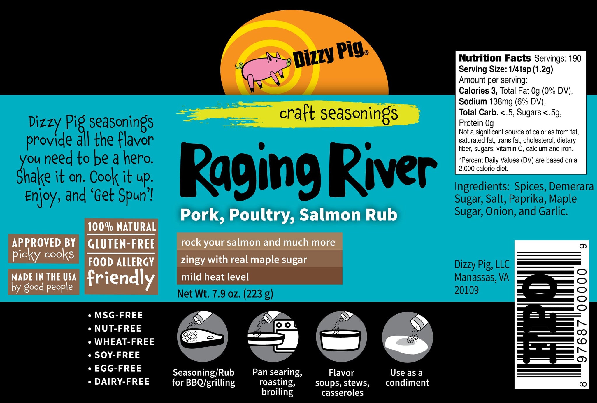Dizzy Pig Raging River Salmon Seasoning Rub (8oz Shaker) - Seasons 30+lbs of Food - Hand Made in the USA - MSG Free, Gluten Free
