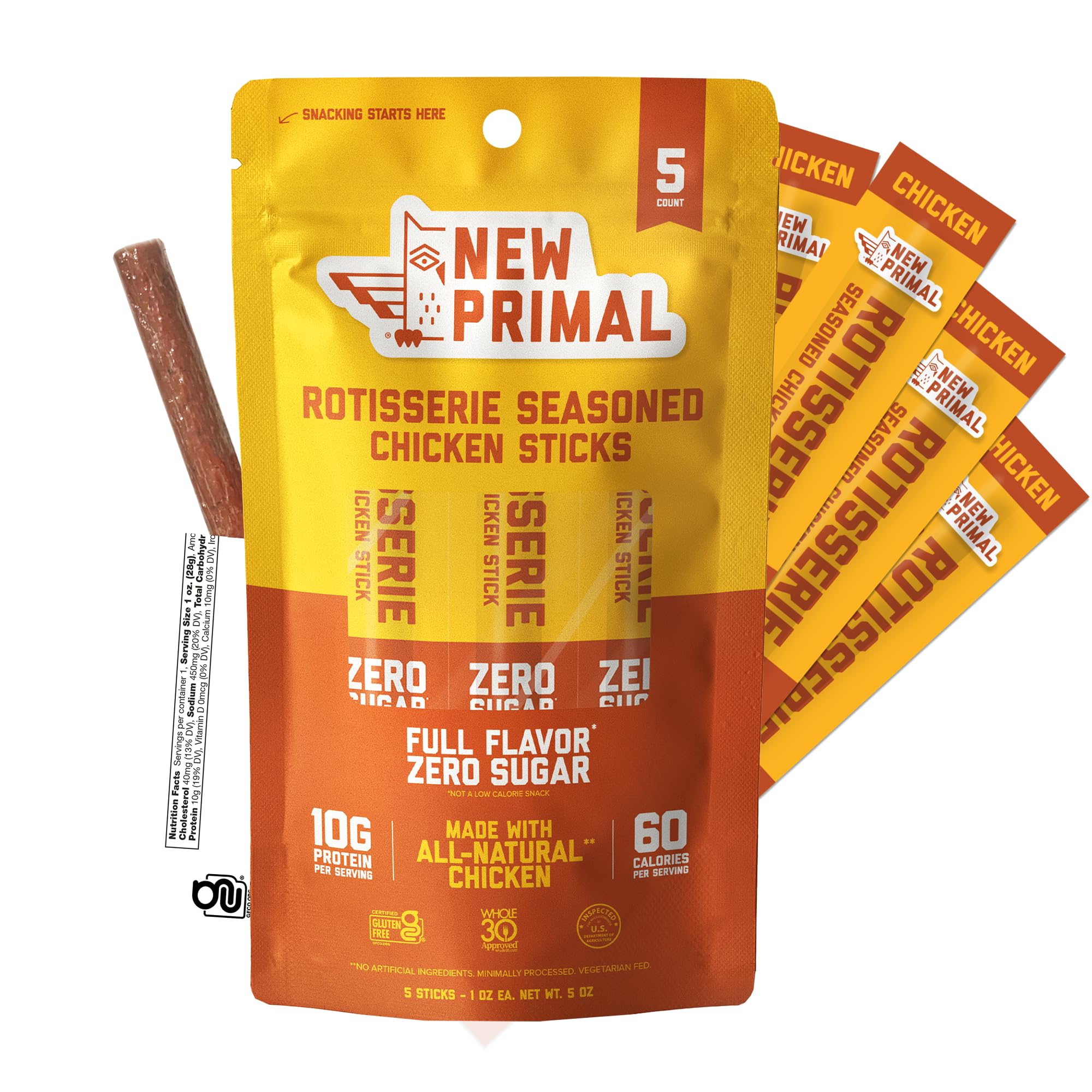 New Primal Rotisserie Chicken Sticks, Zero Sugar High Protein Snack, Gluten Free Whole30 Healthy Snacks, Keto and Paleo Friendly, Jerky Meat Stick
