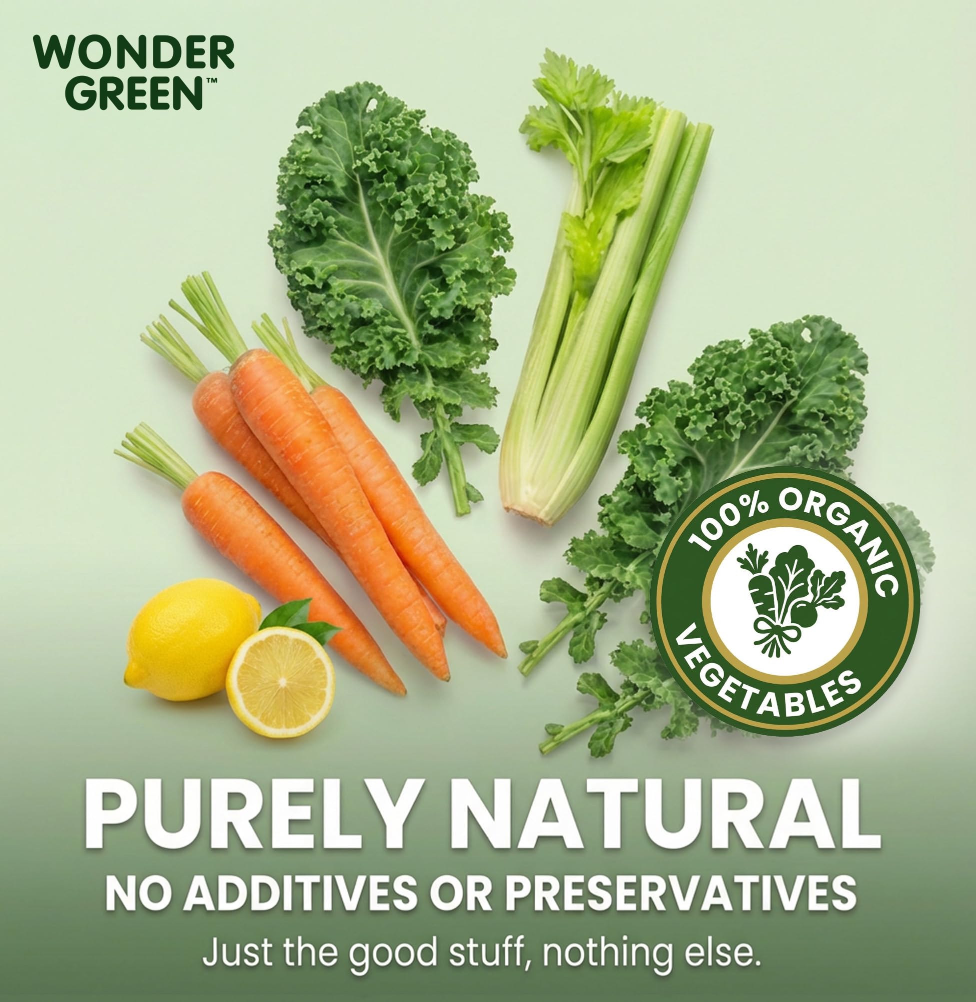 Wonder Green 100% Organic Carrot, Celery & Kale Cold Pressed Juice, 8.45 oz (6 Pack) | Vegetable Juice Blend, All Natural, No Additives or