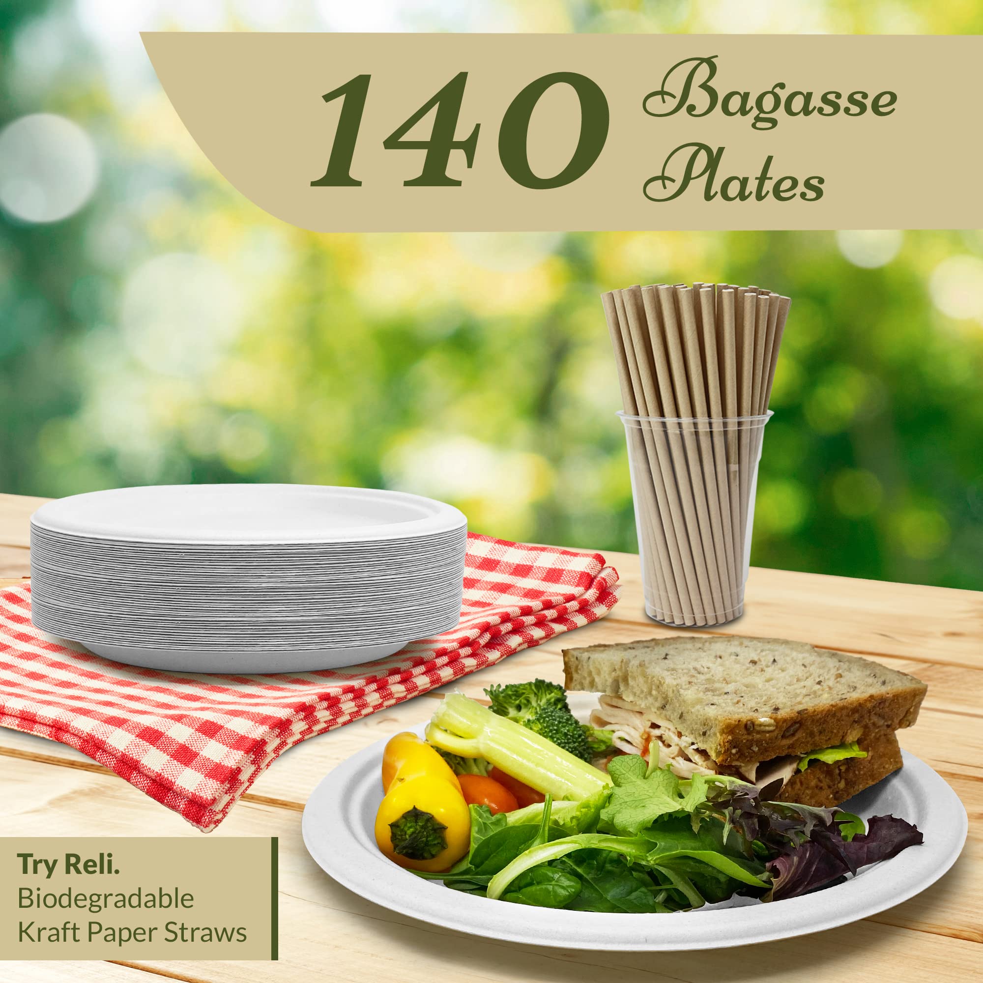 Reli. Compostable Paper Plates 9 Inch (140 Pack Bulk) White Disposable Plates 9" | Heavy Duty Paper, Eco-Friendly | Made of Sugarcane Fibers/Bagasse