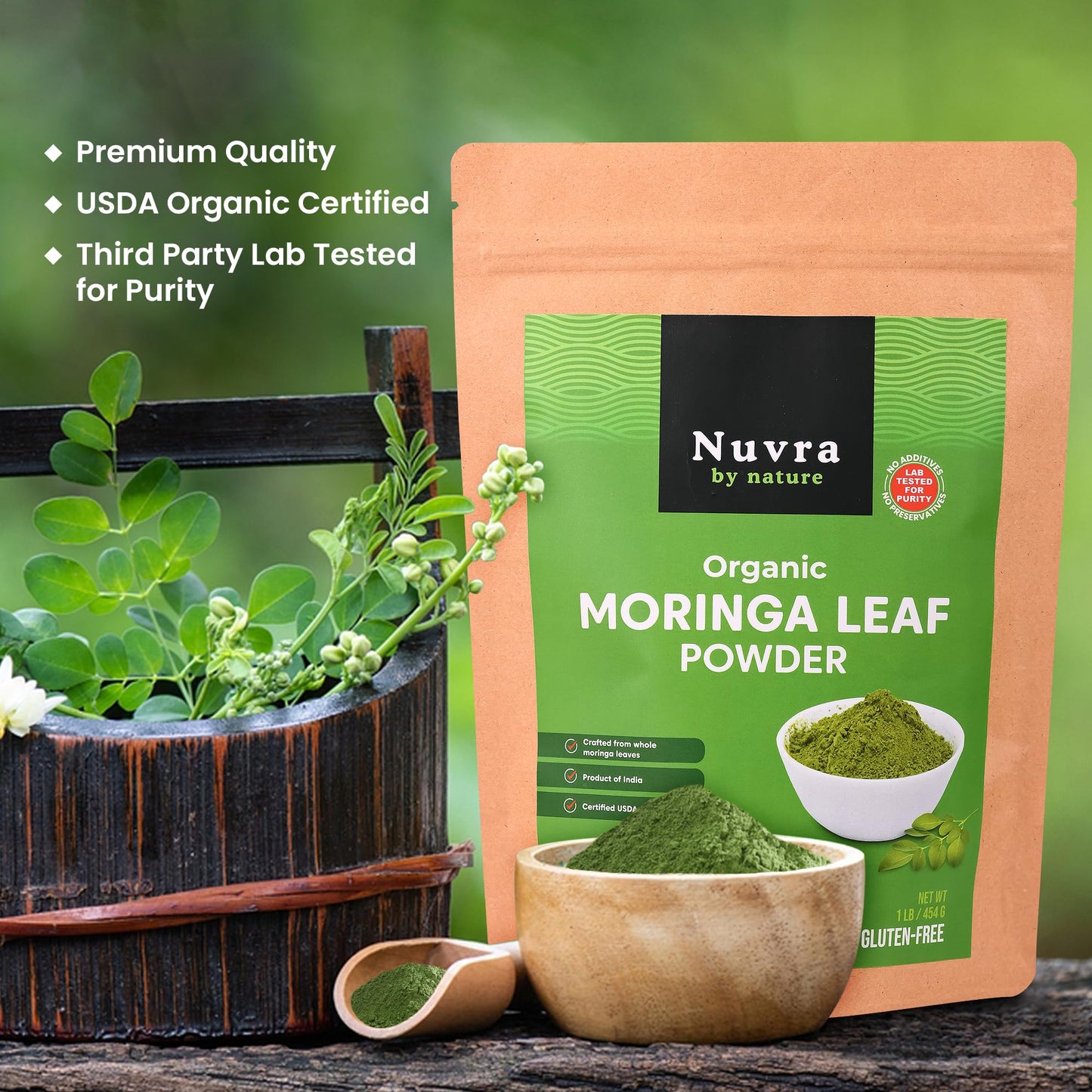 Nuvra by Nature Organic Moringa Leaf Powder - 1 lb | 100% Pure & Natural, Premium Quality Superfood for Smoothies, Tea & Lattes | Certified USDA