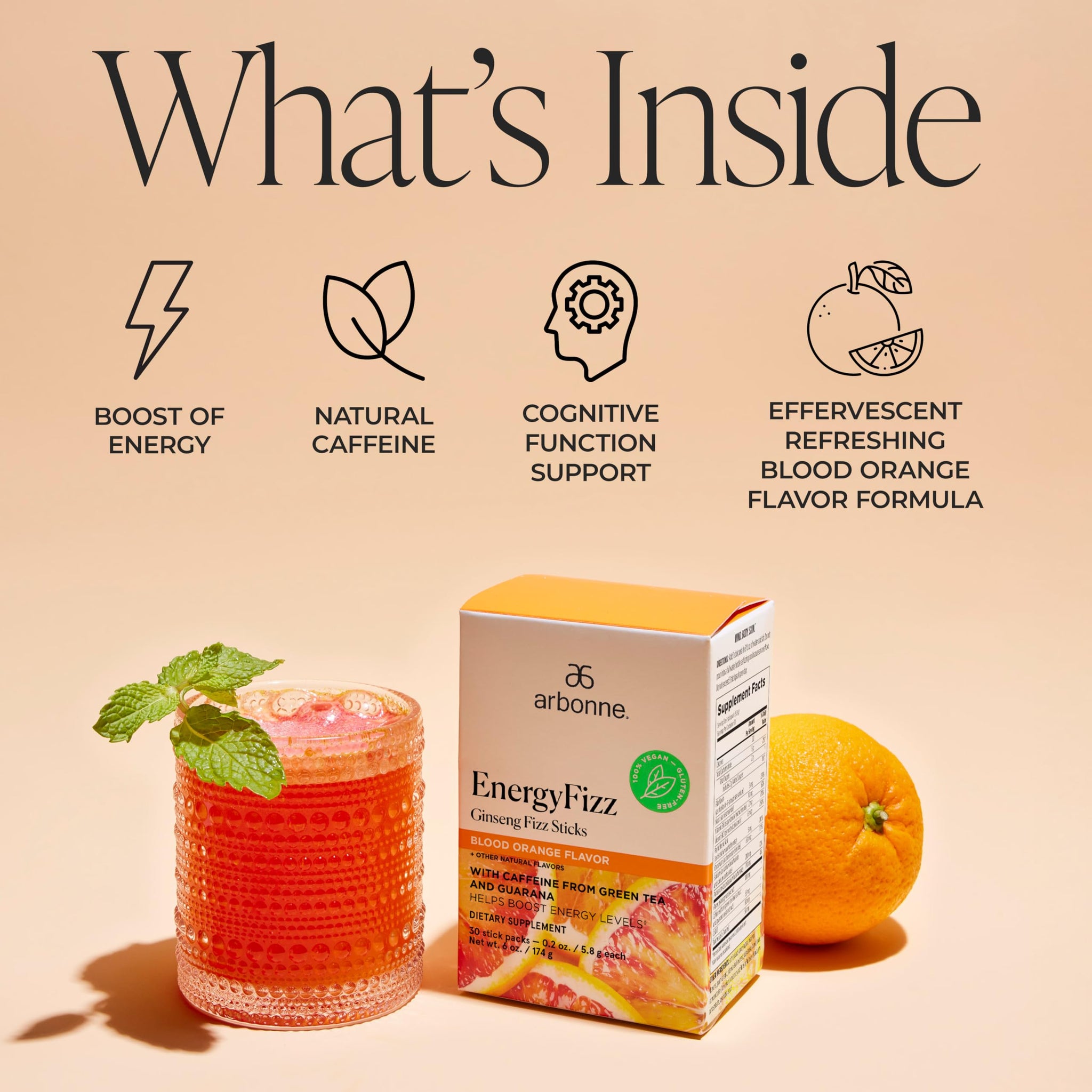 Arbonne Ginseng Energy Supplements - Blood Orange Flavor Fizz Sticks, Energy Boost with Caffeine Powder from Guarana and Green Tea, Delicious