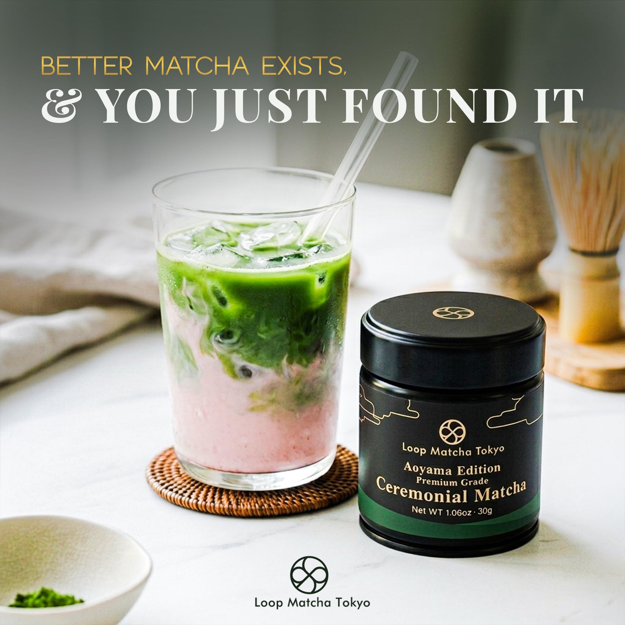 Loop Matcha Tokyo Aoyama Edition - Pure Japanese Ceremonial Matcha Powder 30g - Stone Ground 5-Cultivar - Blend - Shade Grown - Emerald Green
