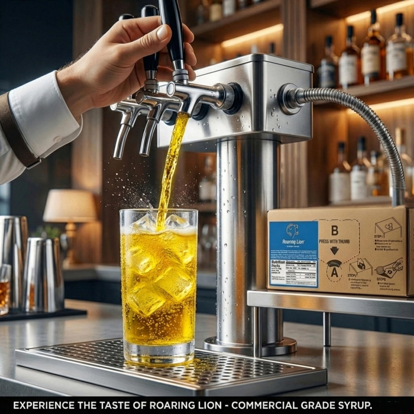 Roaring Lion energy drink (1 Gallon Bag-in-Box Syrup Concentrate) - Box Pours 6 Gallons of Energy Drink - Use with Bar Gun, Soda Fountain or Home