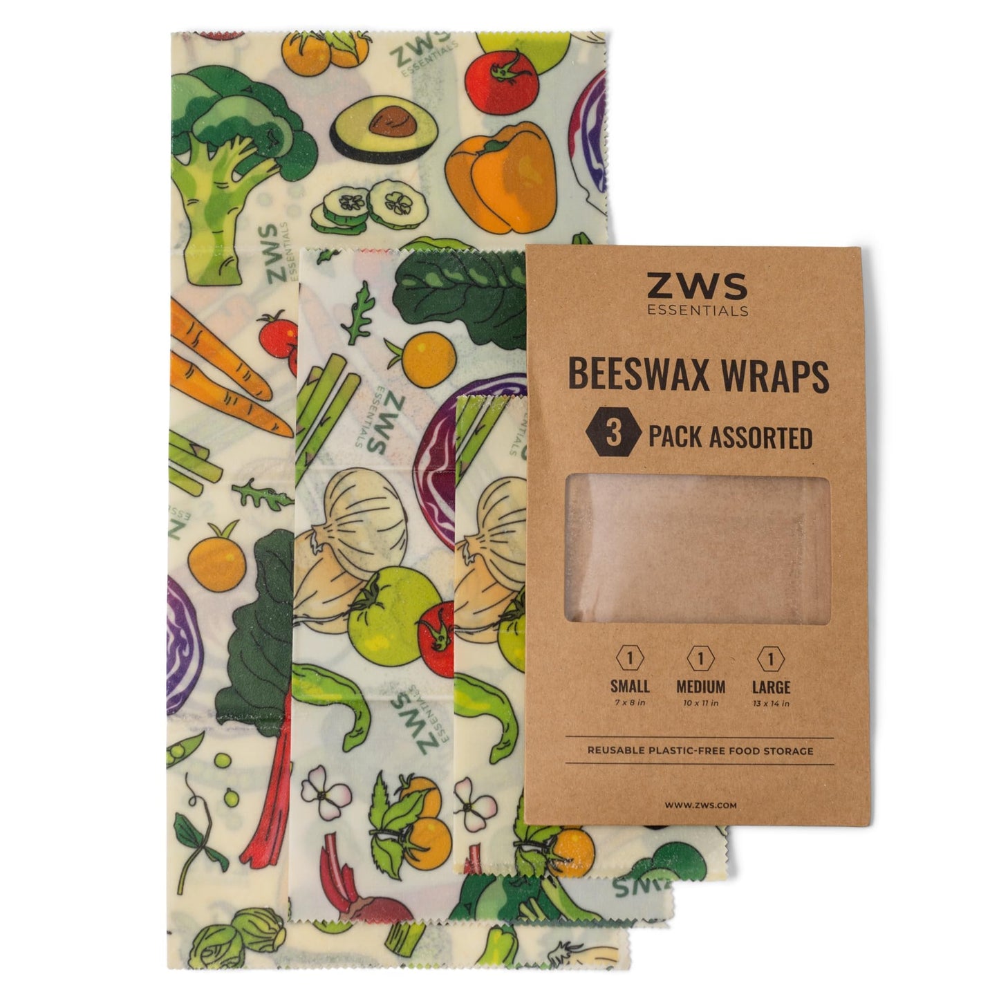 ZWS Essentials Beeswax Wraps, Reusable Cotton Food Storage Set for Kitchen, Lunch, Bread, Snacks, Bowls. Eco-Friendly Plastic-Free Alternative. 3-Pack