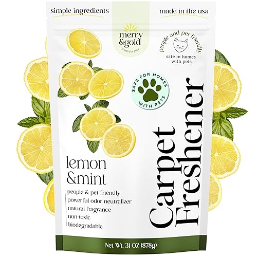 Merry & Gold Carpet Deodorizer & Freshener Powder | 31 oz Lemon + Mint | Pet Odor Eliminator for Rugs, Upholstery, Strong Odor Control & Pet Urine |