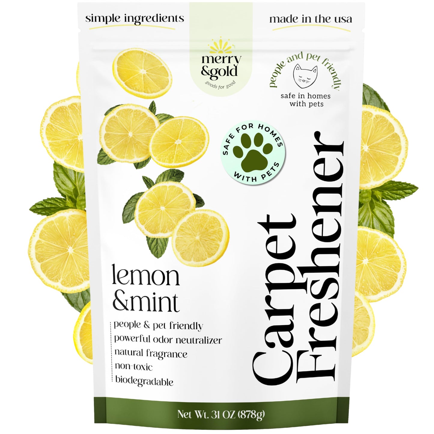 Merry & Gold Carpet Deodorizer & Freshener Powder | 31 oz Lemon + Mint | Pet Odor Eliminator for Rugs, Upholstery, Strong Odor Control & Pet Urine |