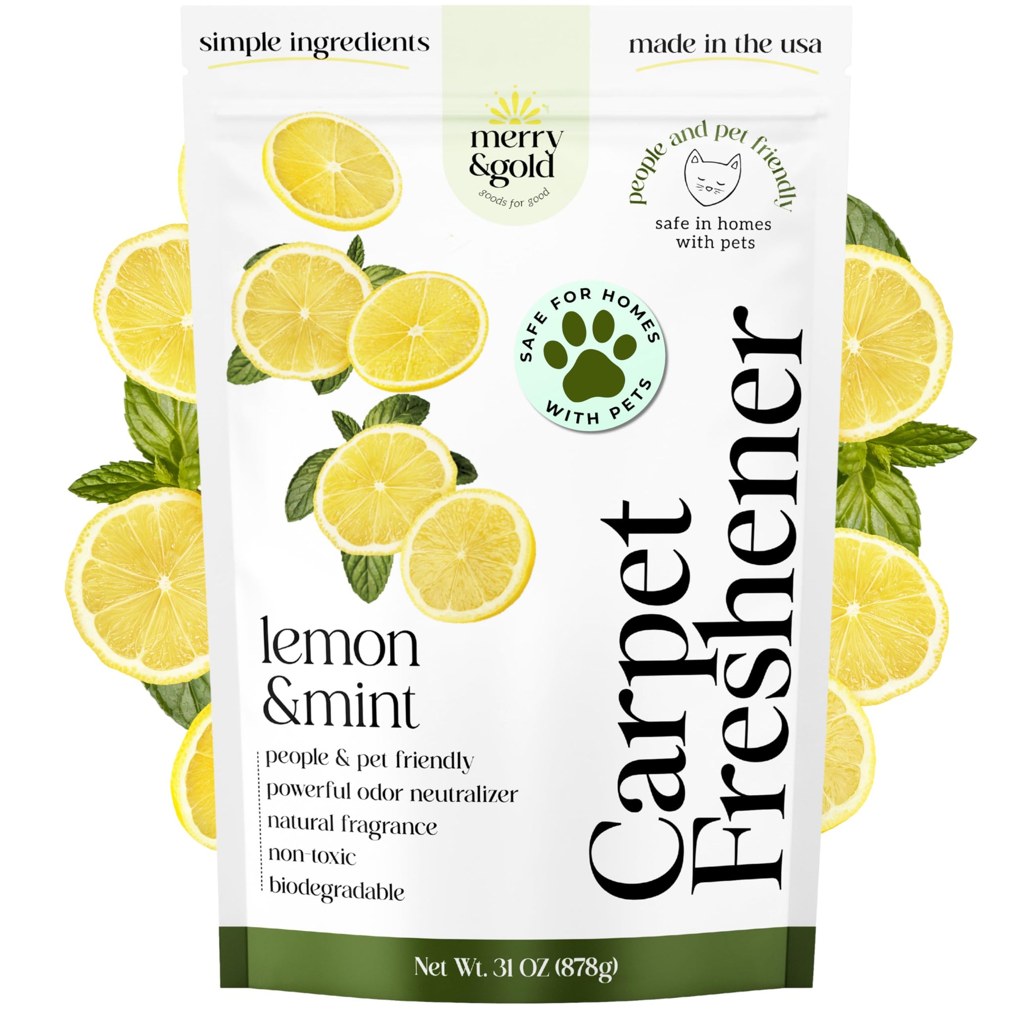 Merry & Gold Carpet Deodorizer & Freshener Powder | 31 oz Lemon + Mint | Pet Odor Eliminator for Rugs, Upholstery, Strong Odor Control & Pet Urine |