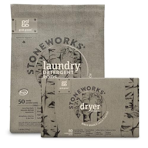 Grab Green Stoneworks Laundry Detergent Pods and Dryer Sheet Bundle, 50 Count Pods and 80 Dryer Sheets, Birch Branch Scent, Plant and Mineral Based
