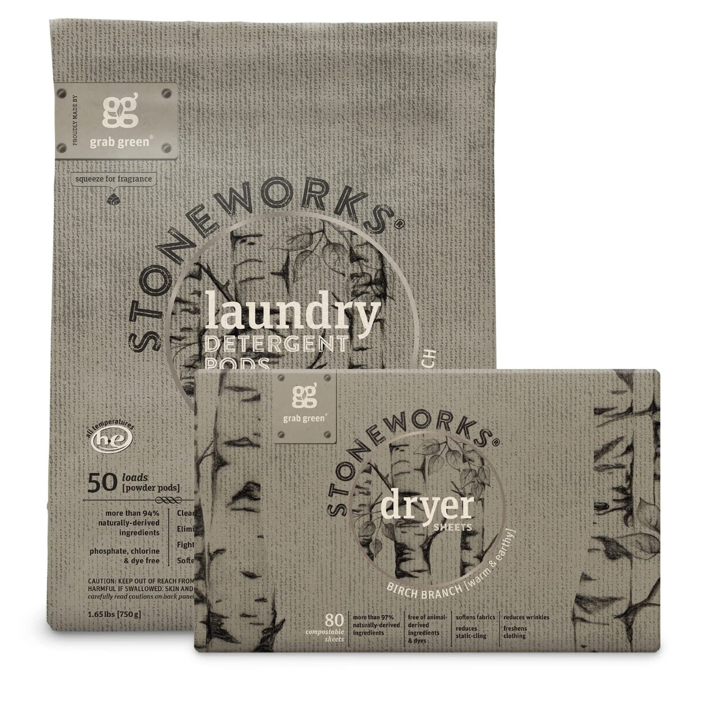 Grab Green Stoneworks Laundry Detergent Pods and Dryer Sheet Bundle, 50 Count Pods and 80 Dryer Sheets, Birch Branch Scent, Plant and Mineral Based
