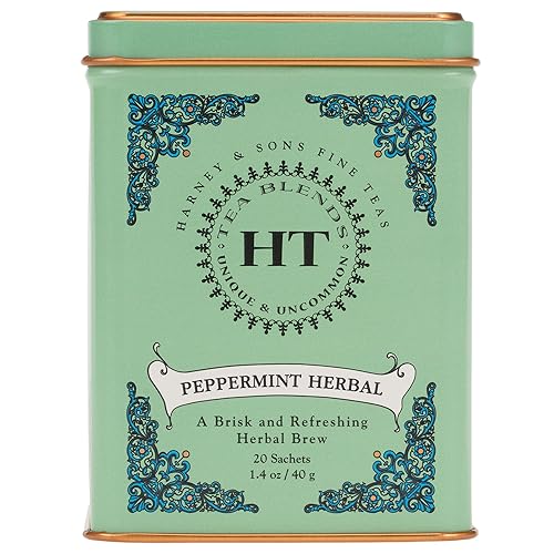 Harney & Sons Peppermint Herbal Tea Sachets, Caffeine Free Mint Tea, Refreshing Peppermint Tea, 20 Count