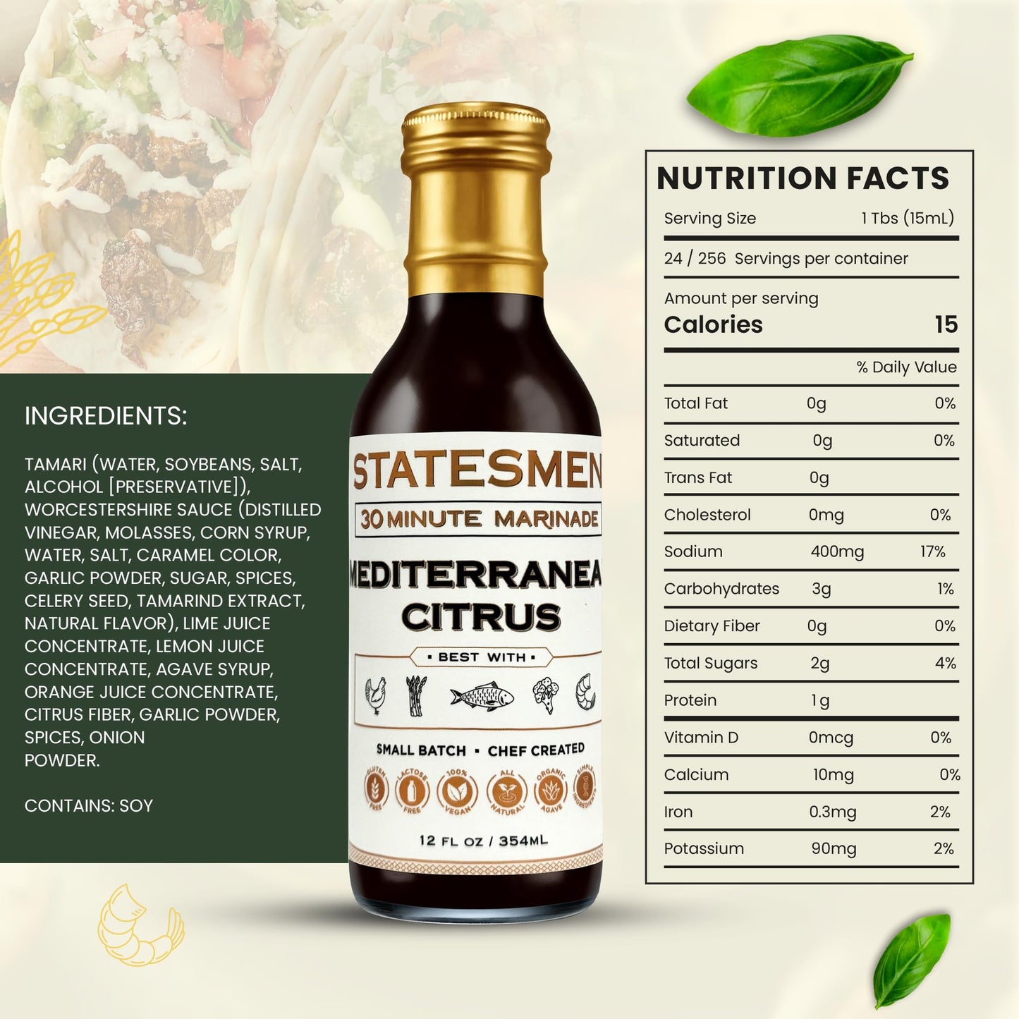 Statesmen Mediterranean Citrus 30 Minute Marinade, 12 oz - Gluten-Free, Vegan, Lactose-Free Herb & Citrus Marinade for Chicken, Fish, Shrimp