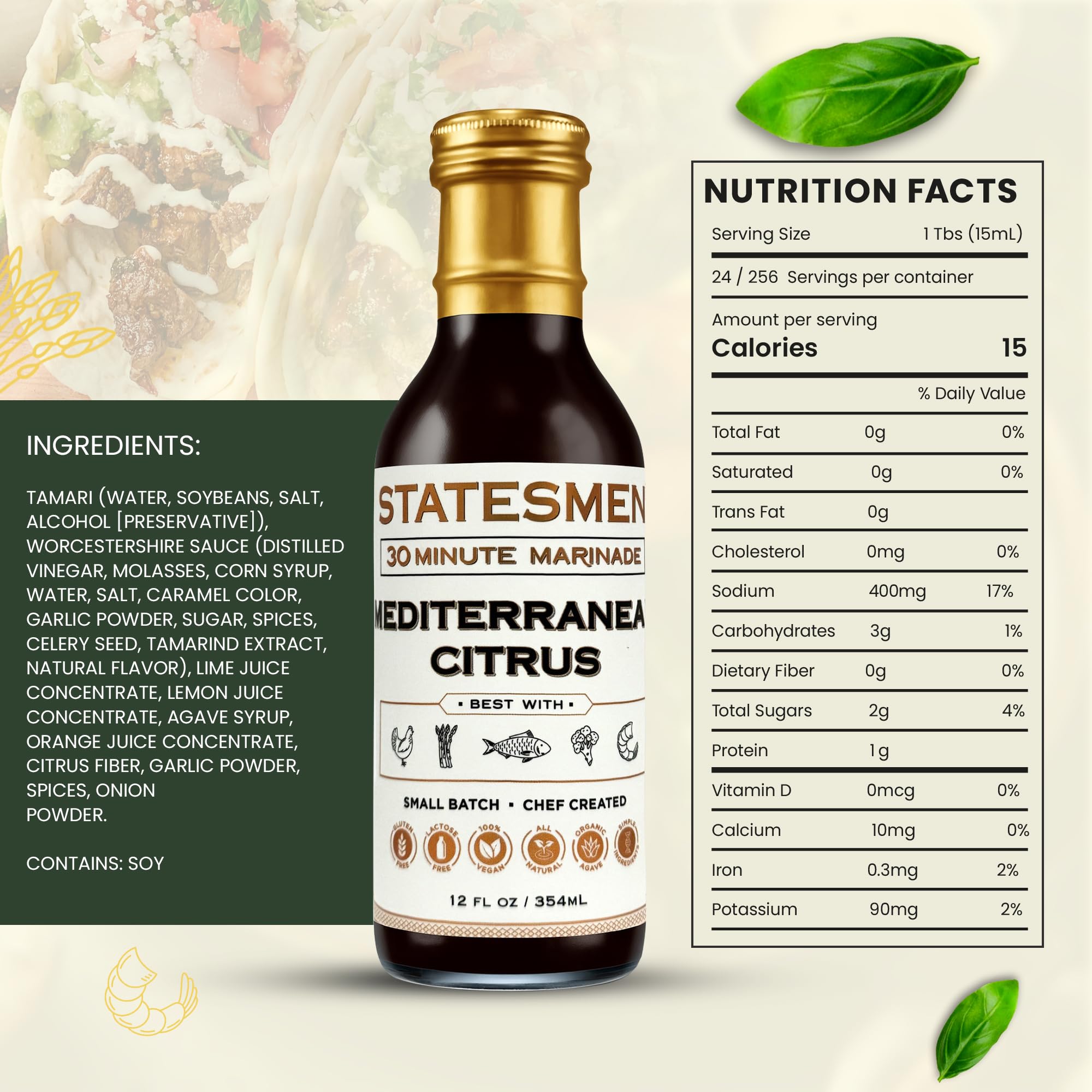 Statesmen Mediterranean Citrus 30 Minute Marinade, 12 oz - Gluten-Free, Vegan, Lactose-Free Herb & Citrus Marinade for Chicken, Fish, Shrimp