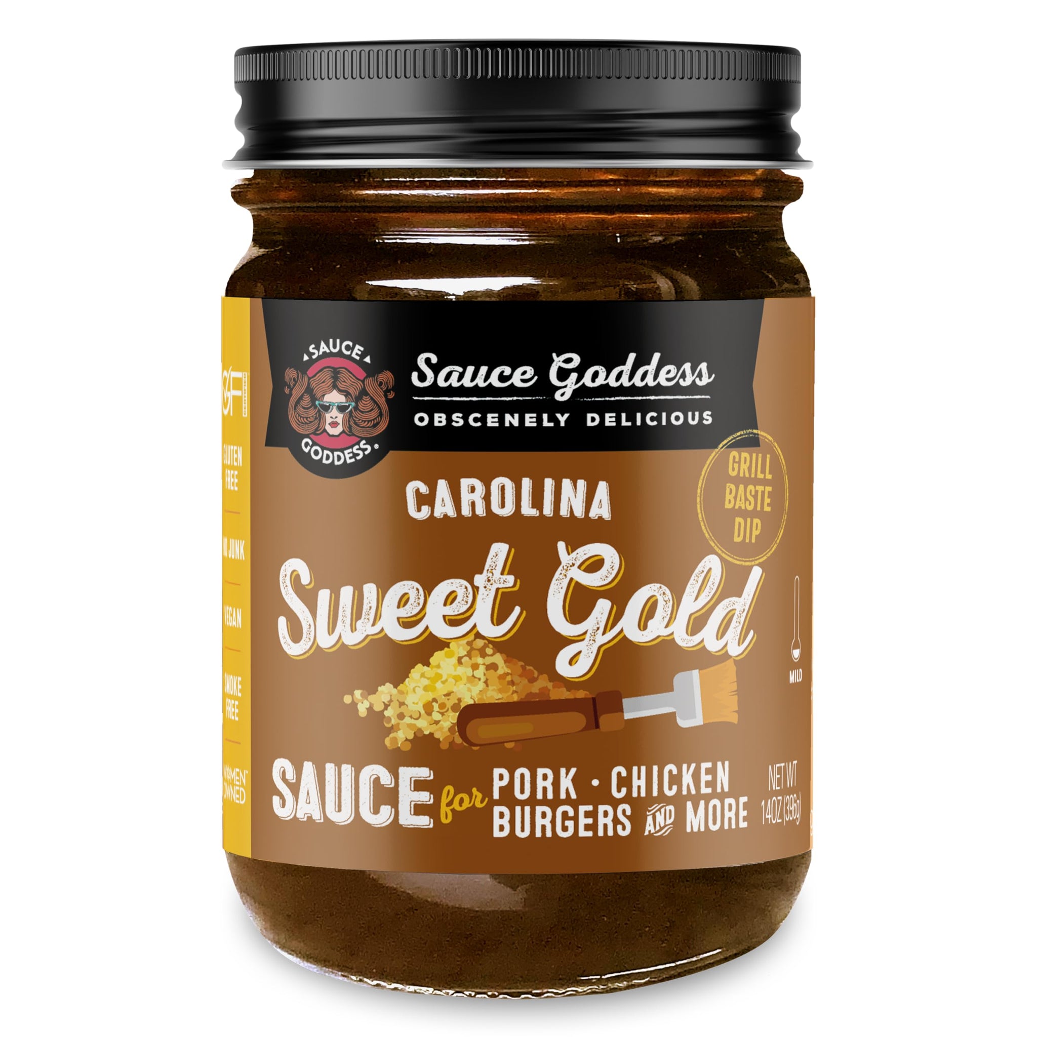 Sauce Goddess - Carolina Sweet Gold Barbecue Sauce - Tangy Mustard, Brown Sugar, Apple Cider Vinegar, Certified Gluten-Free, Vegan, 14 oz - 1 Pack