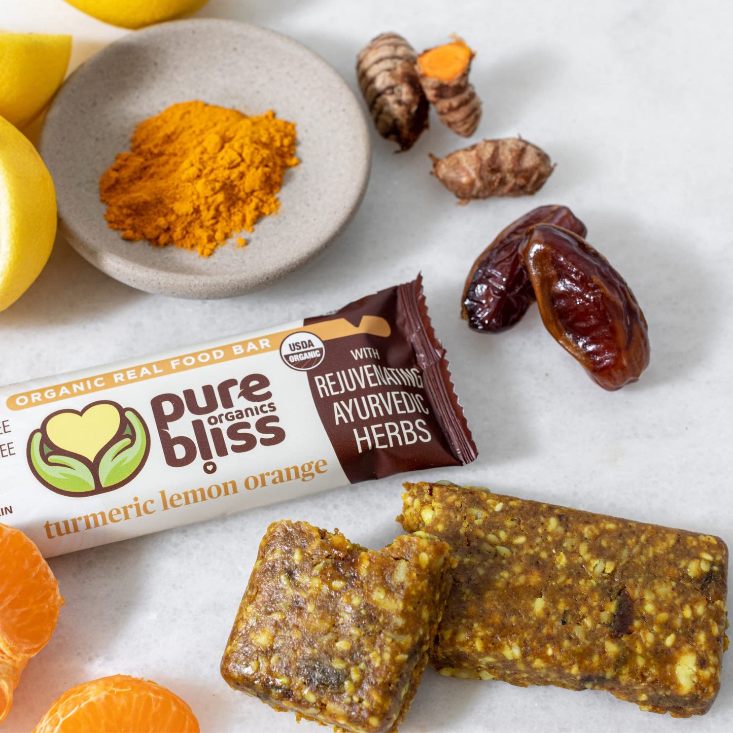 Organic Real Food Bars (Turmeric Lemon Orange) Grain Free - Paleo Friendly - Non-GMO, Gluten Free, Vegan, Nutrition Bars, Super Food Energy Bars