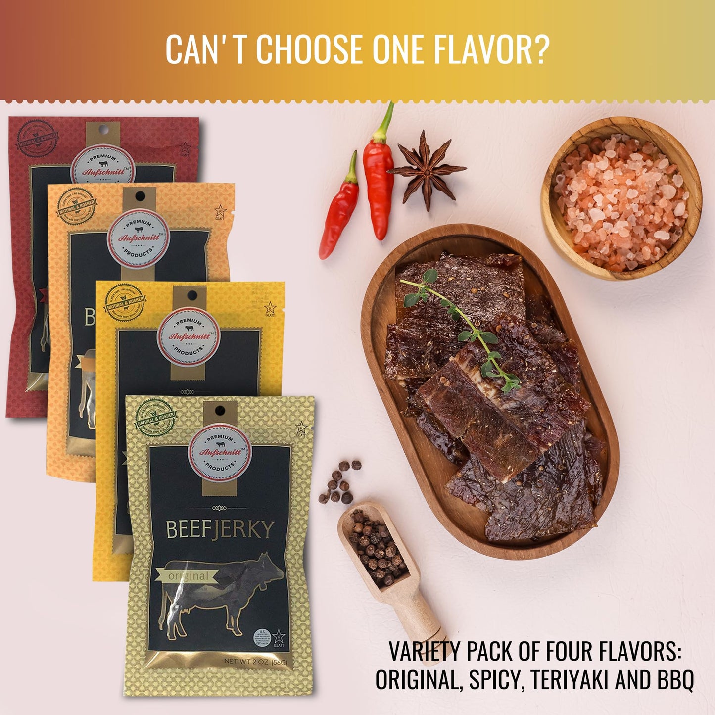 Aufschnitt Grass Fed Beef Jerky - Low Sodium, Certified Kosher - Made in USA - Keto Friendly - 5 Pack, Variety Pack
