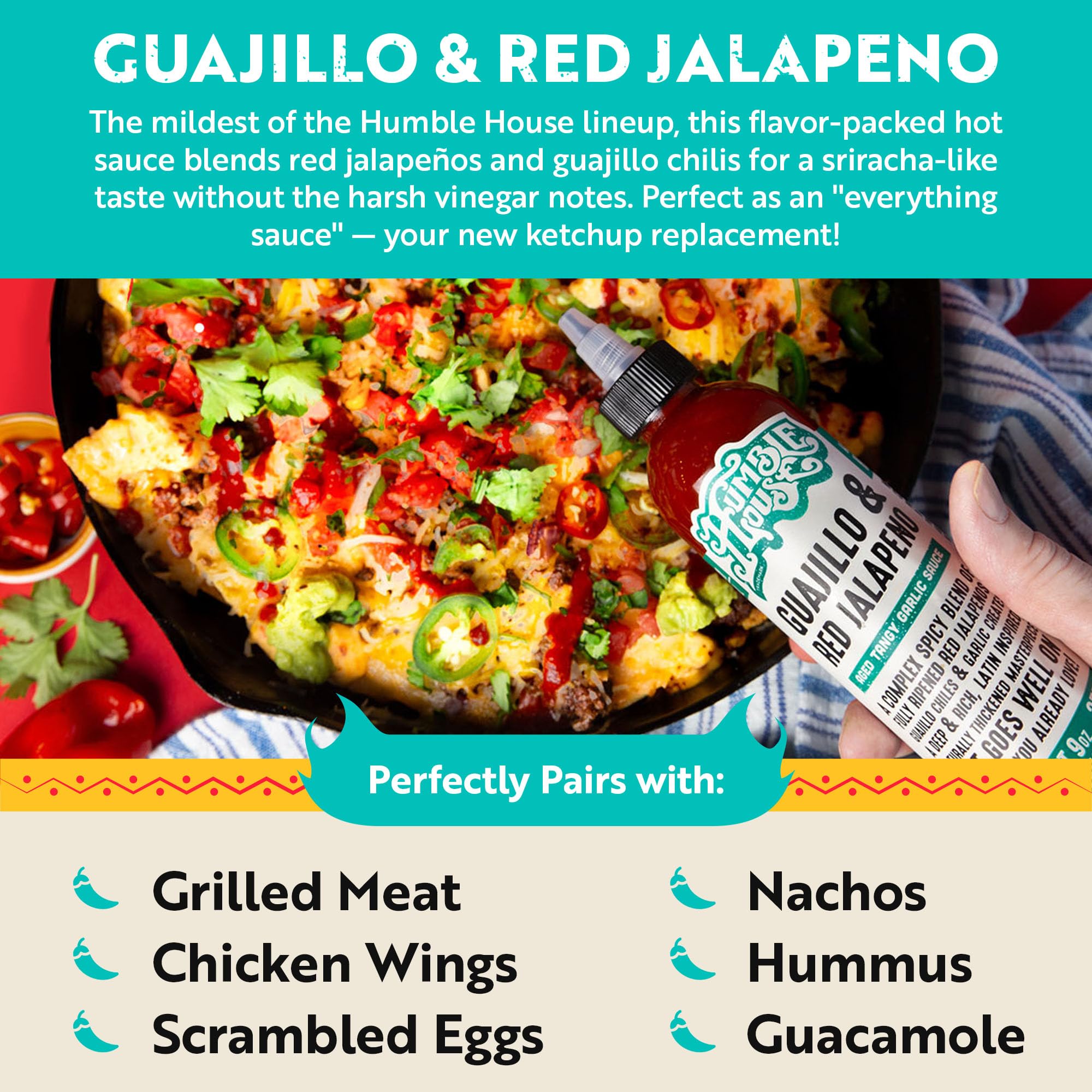 Humble House - Guajillo & Red Jalapeno Peppers Hot Sauce, Low-Calorie Vegan Condiments for Chicken Wings, Hummus, Guacamole, Bloody Mary & More