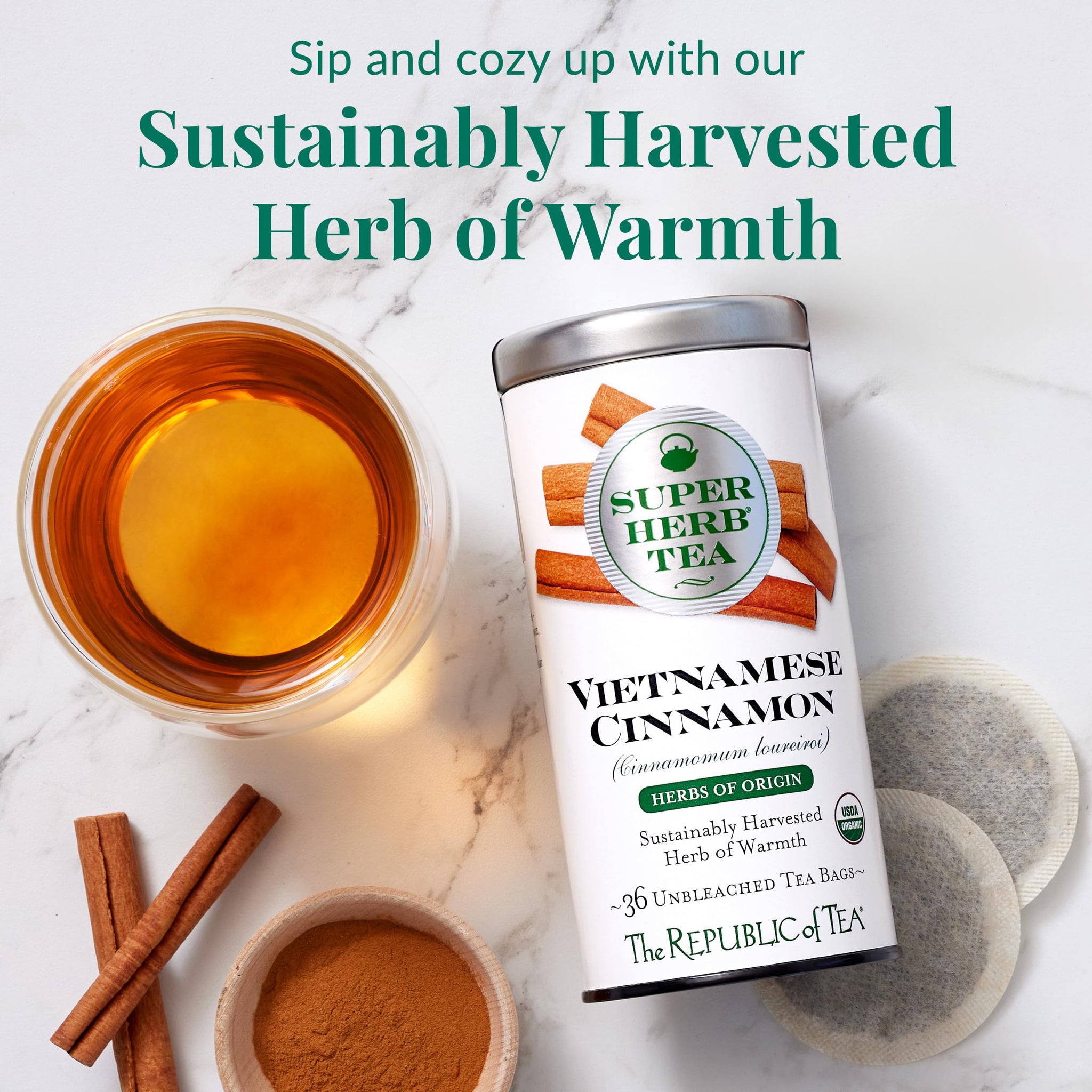 The Republic of Tea - Organic Vietnamese Cinnamon SuperHerb Tea Tin, 36 Herbal Tea Bags, Naturally Caffeine-Free Herbs of Origin