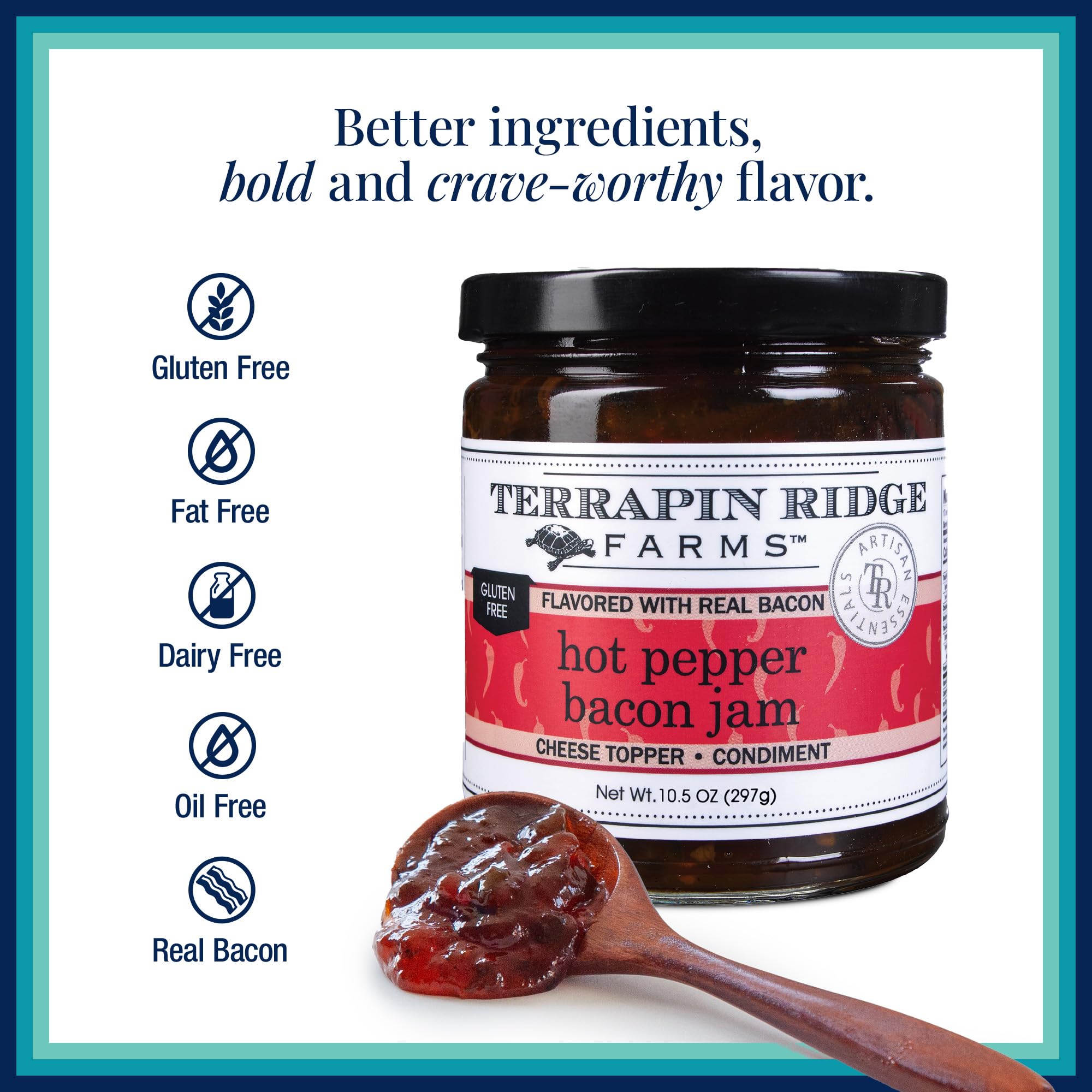 Terrapin Ridge Farms Hot Pepper Bacon Jam - Sweet & Spicy Spread with Real Bacon & Jalapeño - Gourmet Condiment for Cheese, Meats, and Appetizers