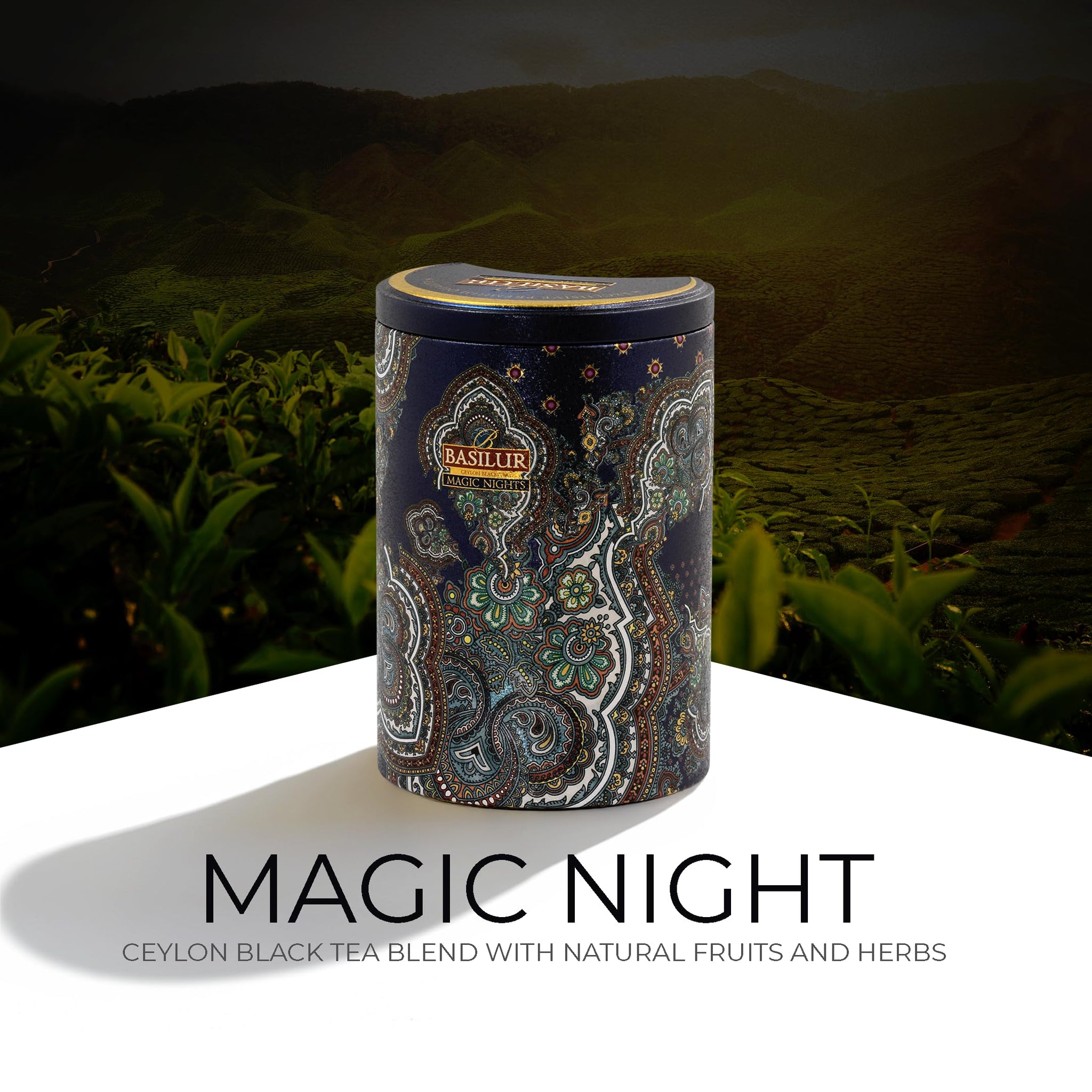 Basilur Magic Nights Oriental Collection - 100% Pure Ceylon Black Tea with Fruit & Herb Infusion, 100g Loose Leaf in Luxurious Tin Caddy, Freshly