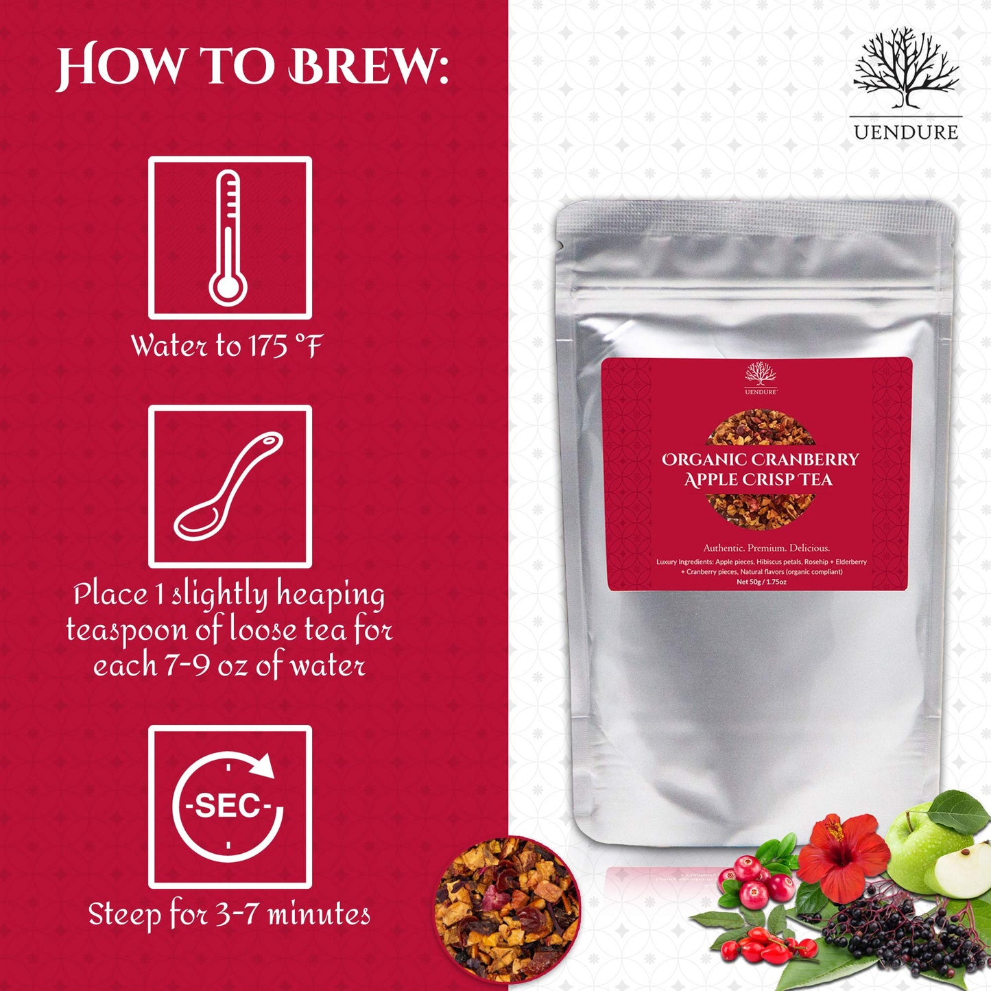 Organic Cranberry Apple Crisp Tea 50 g / 1.75 oz | Certified 100% Organic | Caffeine-Free, Source of Vitamins and Antioxidants| All Natural Luxury