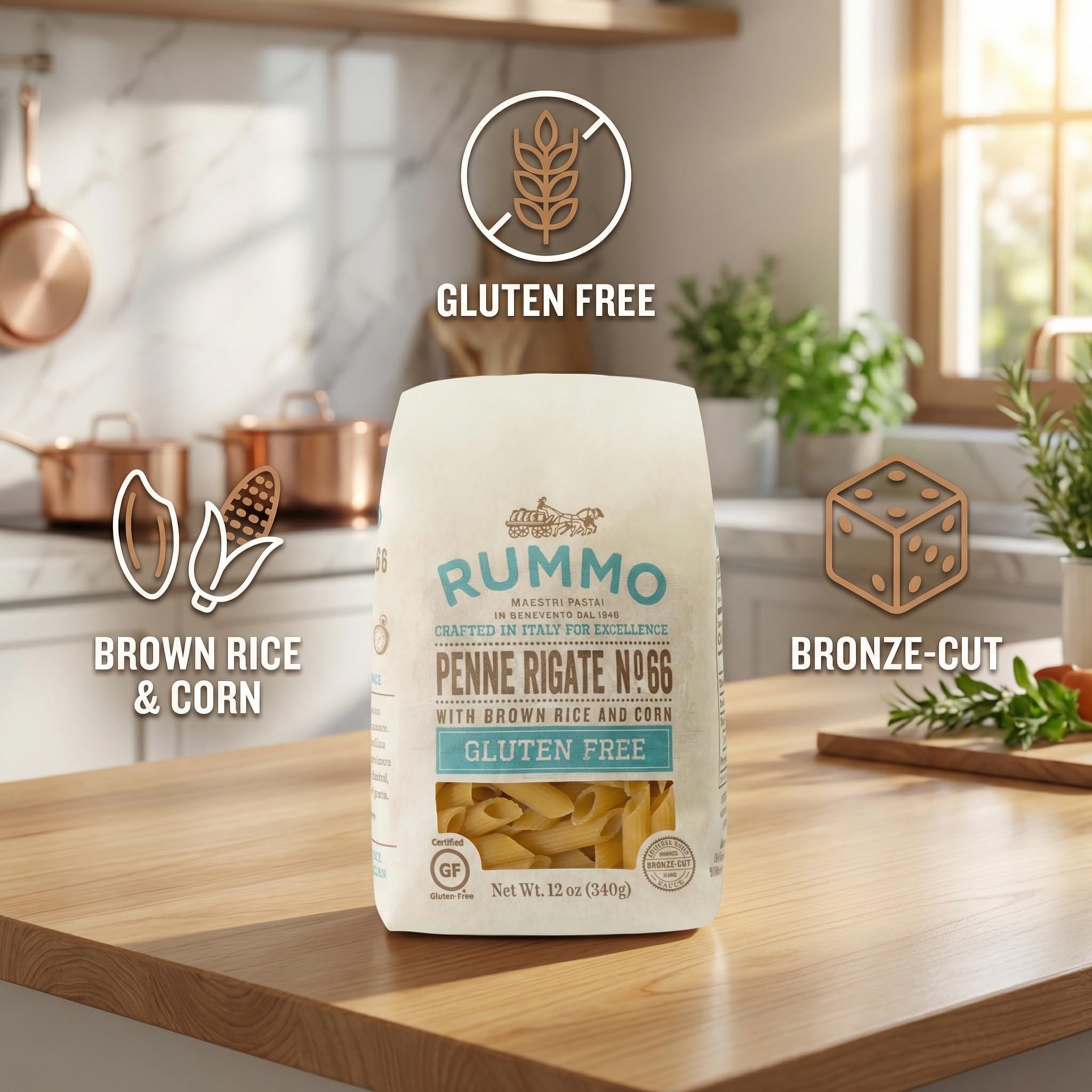 Rummo Penne Rigate - 12 OZ - Corn & Rice Pasta for Family Dinners & Baked Pasta Dishes - Traditional Italian Style - Classic Cut - Dry Pantry Pack