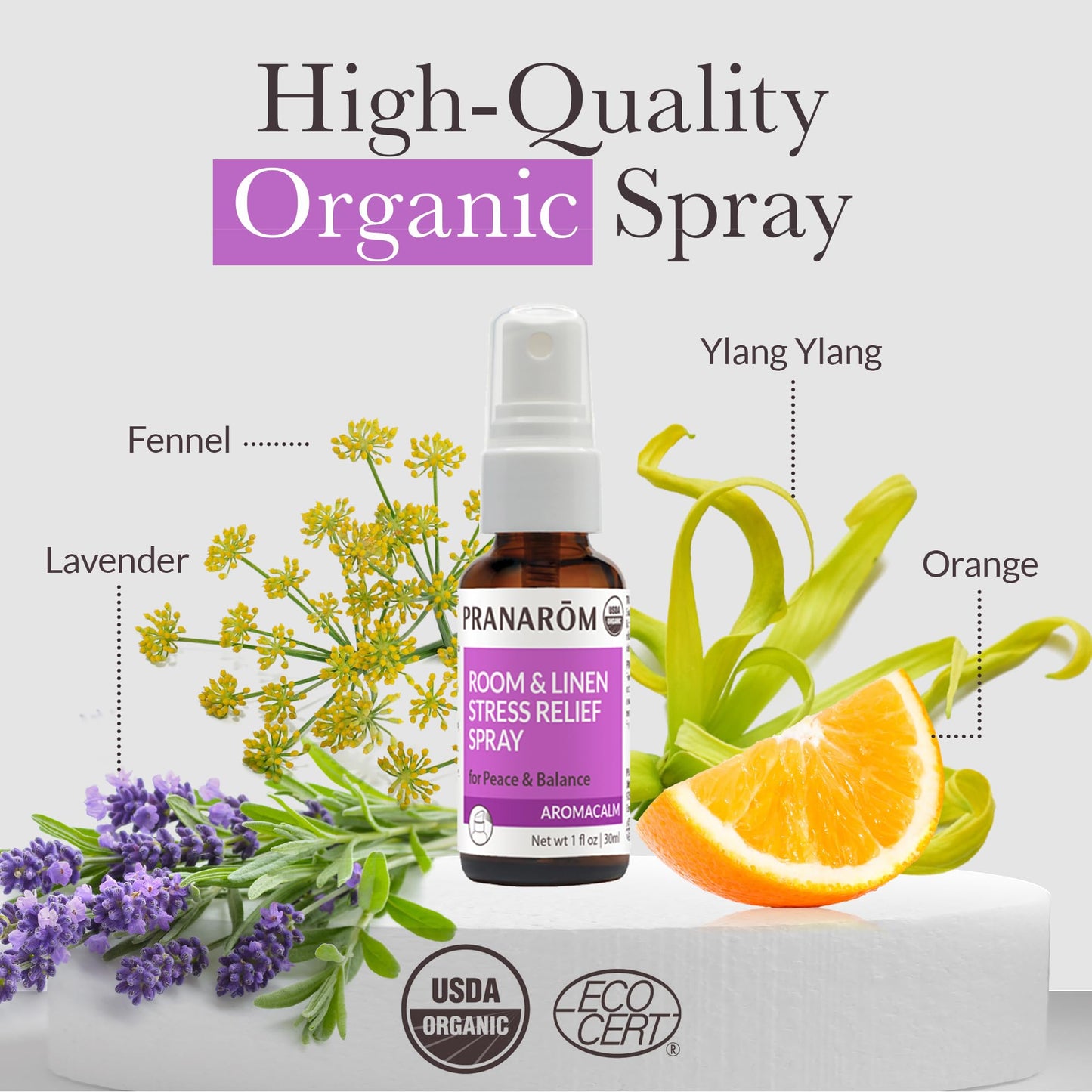 Pranarom - Aromacalm Room & Linen Stress Relief Spray (1oz / 30ml) - Orange, Bergamot, Lavender, Ylang Ylang - Essential Oil for Relaxation and Air