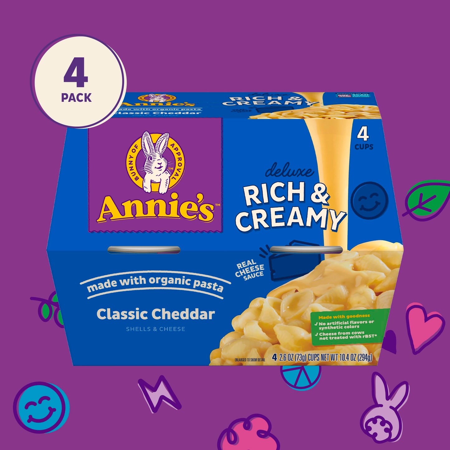 Annie's Classic Cheddar Deluxe Rich and Creamy Mac and Cheese with Organic Pasta, Made with Real Cheese, Dinner Side or Snacks, 4 Cups, 10.4 oz