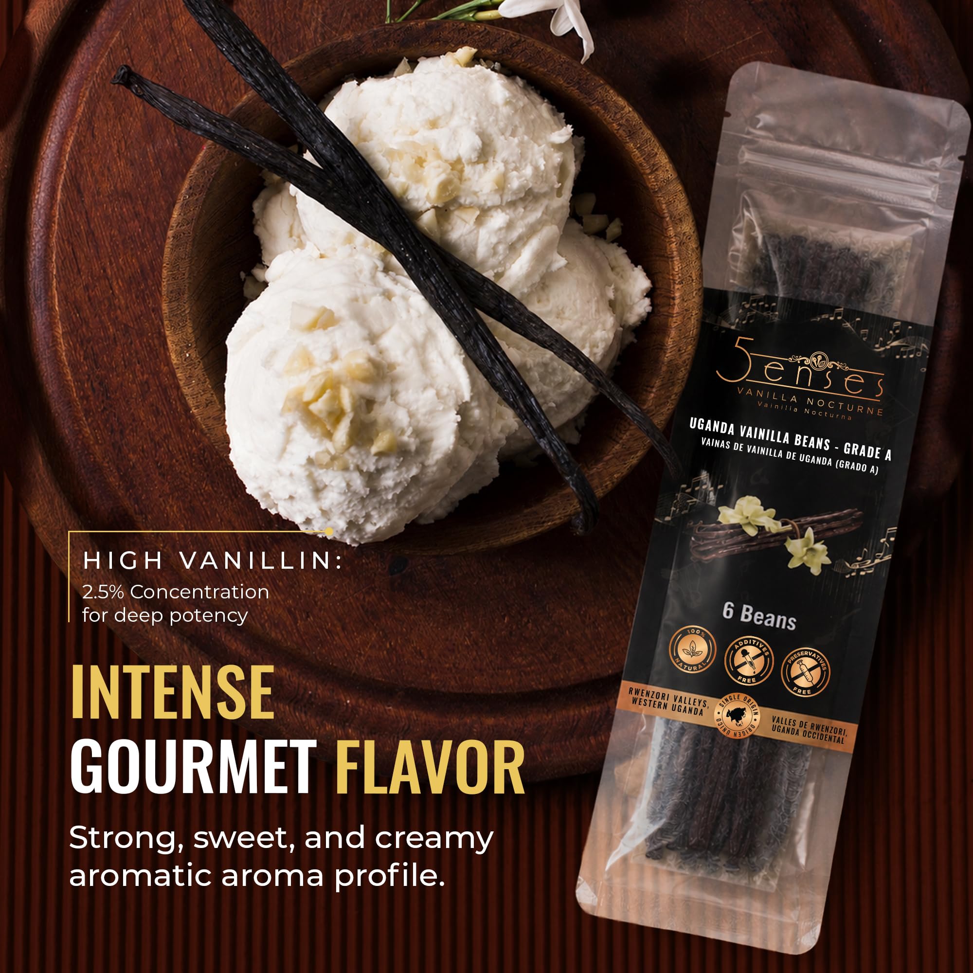5Senses Uganda Vanilla Beans | Grade A Gourmet Whole Pods | Single Origin (Rwenzori Valleys) | High Vanillin (~2.5%) & Moisture (~30%) | 17-19cm Long