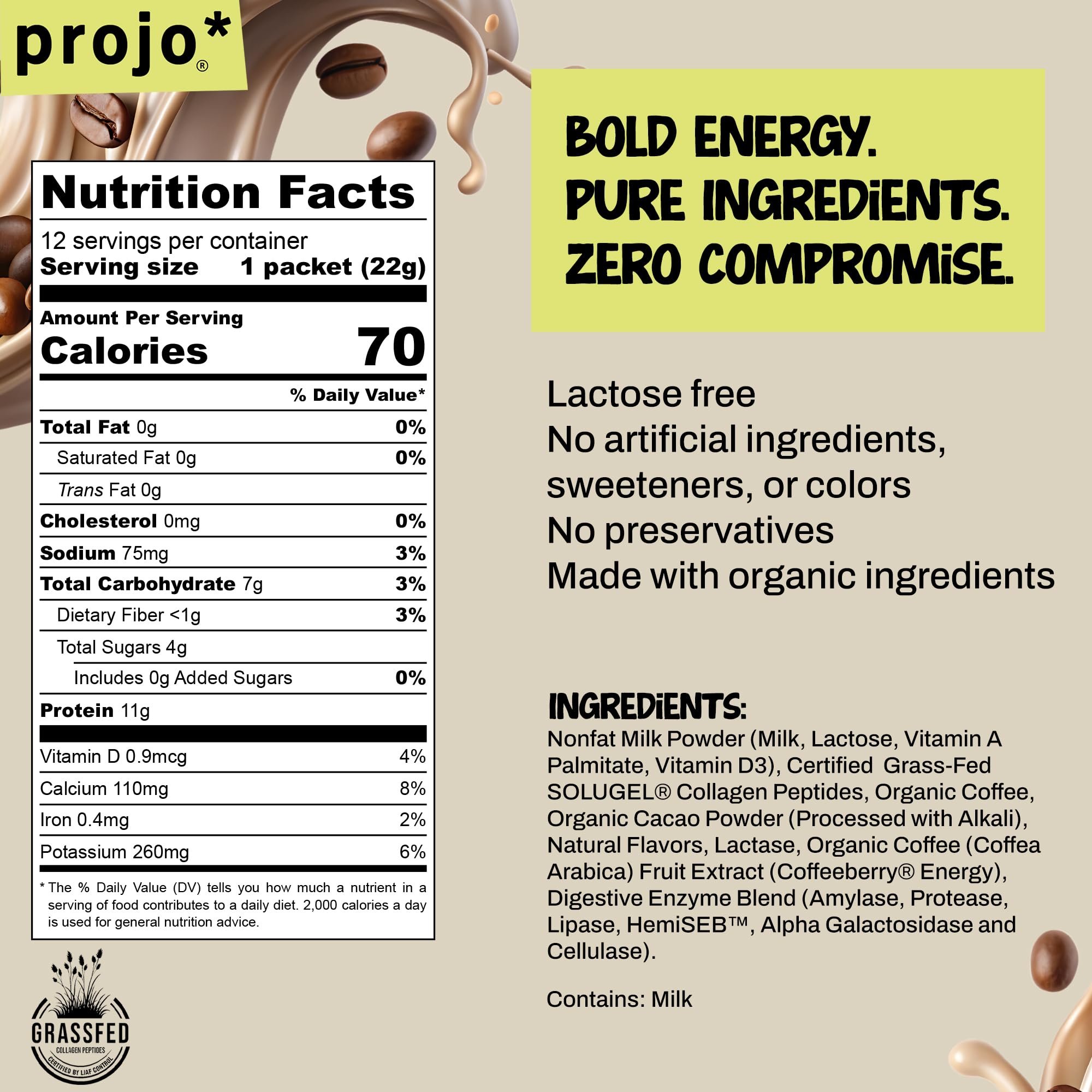Projo* Power Coffee - Instant Coffee with 11g Protein - Grass-Fed Hydrolyzed Bovine Collagen & 175mg Caffeine - Mocha Latte Flavor - Organic - Energy