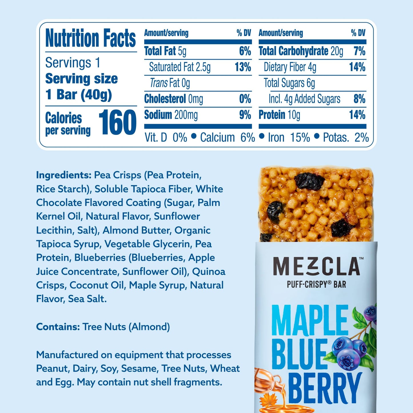 Mezcla Puff-Crispy Plant Based Protein Bars - Maple Blueberry - Healthy Snacks for Adults & Kids - Granola Bars for School, Travel, Office Snacks