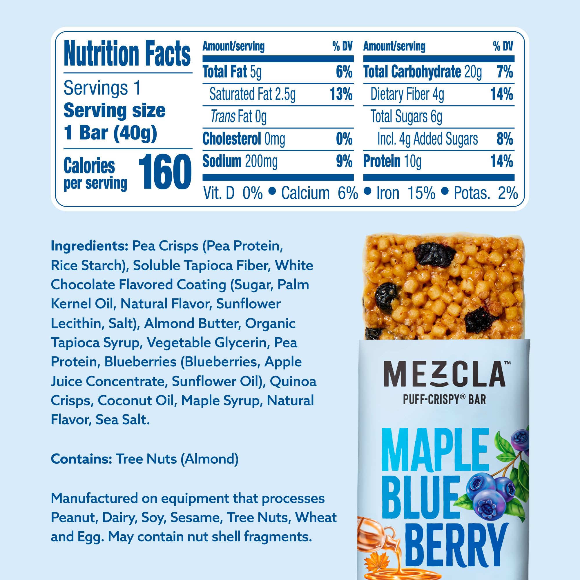 Mezcla Puff-Crispy Plant Based Protein Bars - Maple Blueberry - Healthy Snacks for Adults & Kids - Granola Bars for School, Travel, Office Snacks