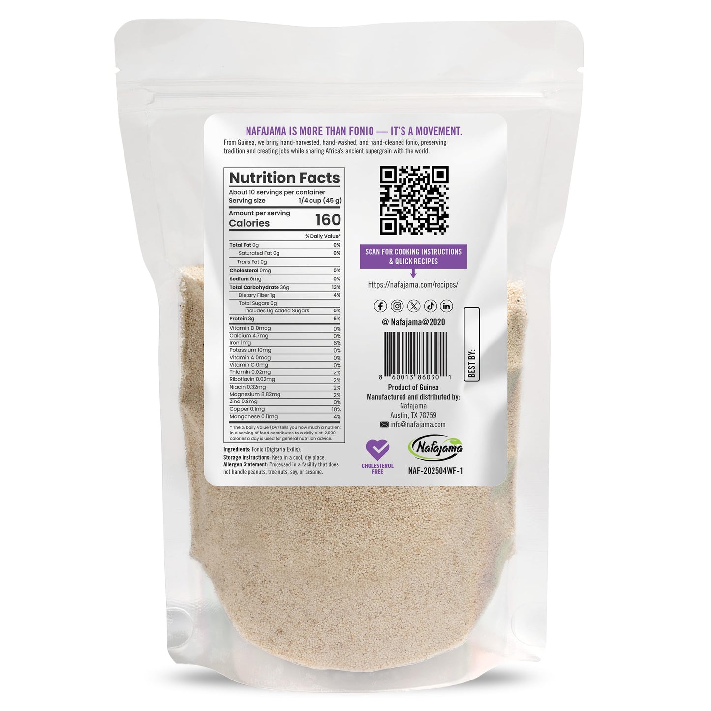 Nafajama Premium Gluten-Free White Fonio Grain | Pre-Washed Ancient African Super-Grain | Non-GMO, Vegan, High-Fiber Superfood | All-Natural, Uncooked - 1 Bag of 1 lb / 454g