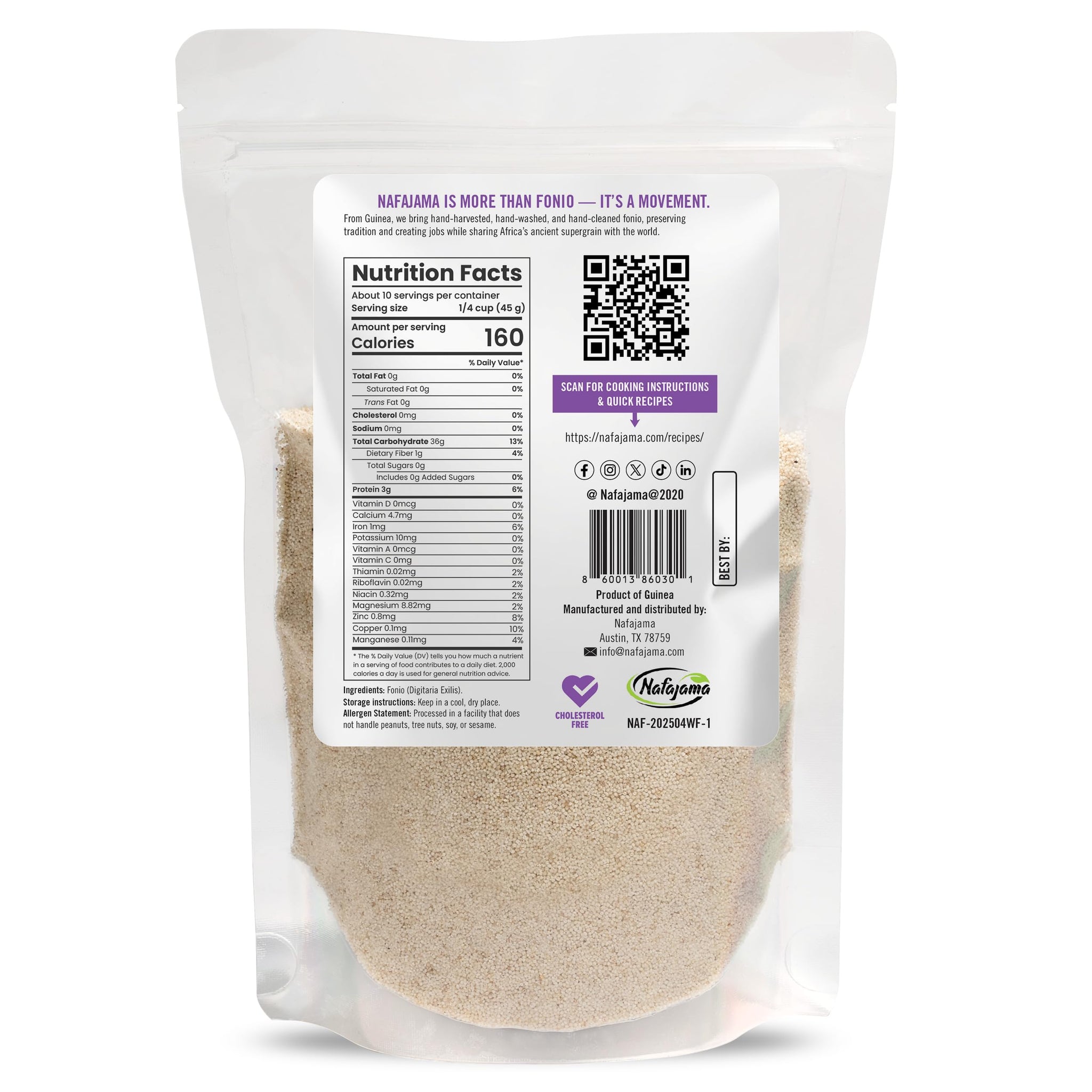 Nafajama Premium Gluten-Free White Fonio Grain | Pre-Washed Ancient African Super-Grain | Non-GMO, Vegan, High-Fiber Superfood | All-Natural, Uncooked - 1 Bag of 1 lb / 454g