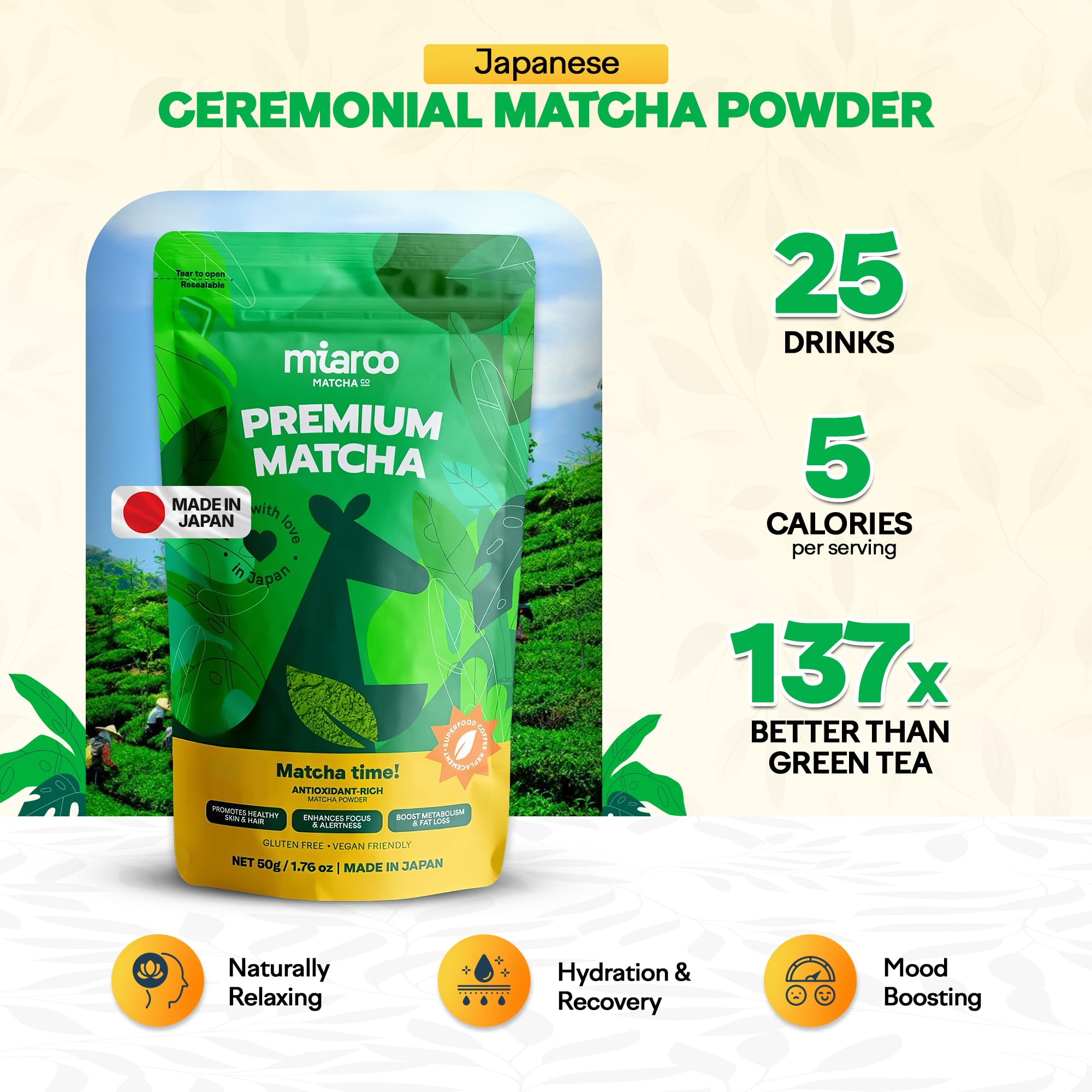 Miaroo Japanese Ceremonial Grade Matcha Green Tea Powder - Coffee Replacement for Energy, Calm Focus & No Jitters or Crash | Perfect for Lattes