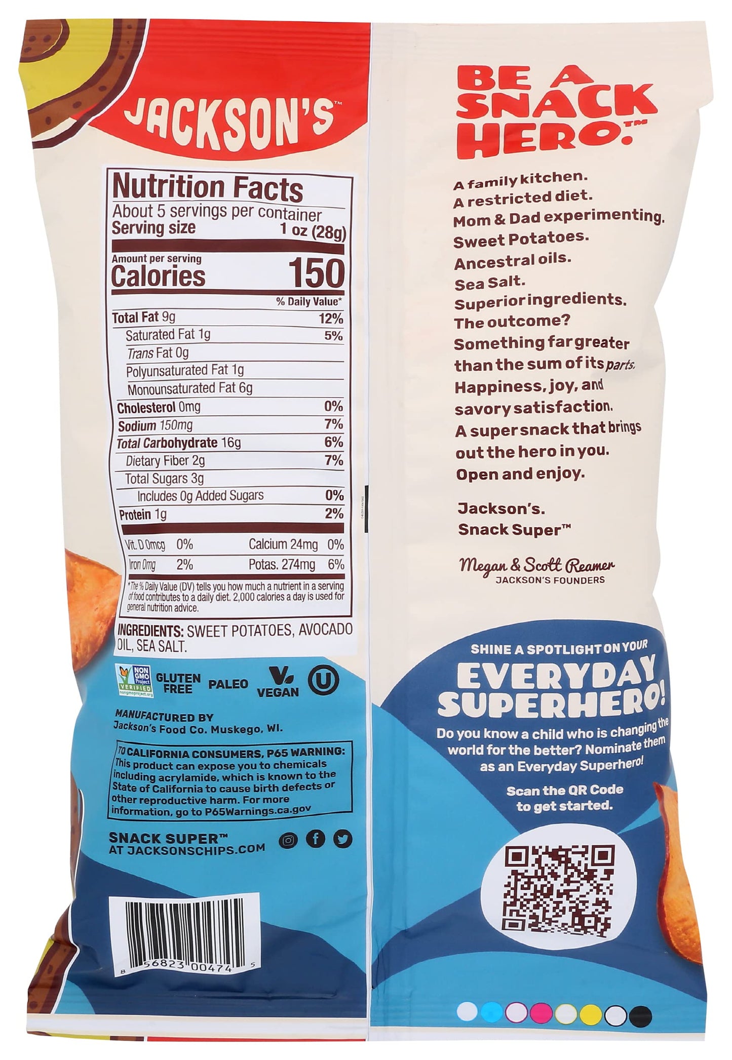 Jackson's Avocado Oil Kettle Cooked Sweet Potato Chips, Sea Salt, 5 oz