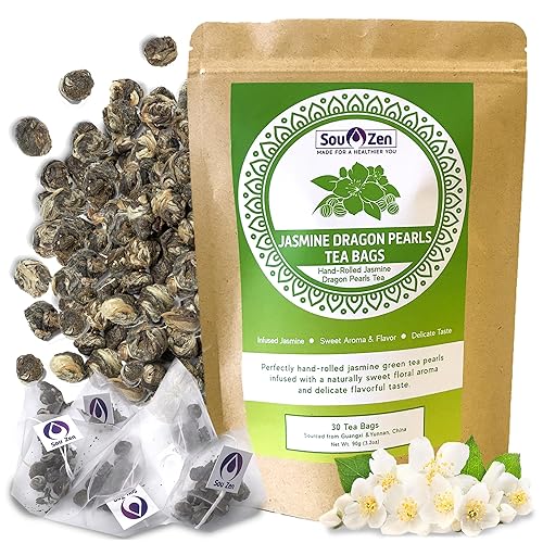 Sou Zen Jasmine Dragon Pearls | 30 Corn-Fiber Pyramid Tea Bags | Hand-Rolled Jasmine Green Tea | Non-GMO, Organic, and Preservative-Free