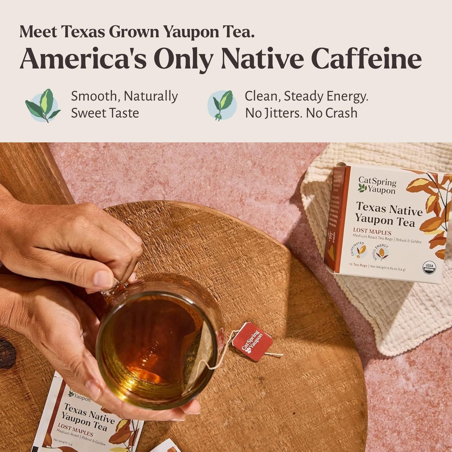 CatSpring Yaupon Lost Maples Medium Roast Yaupon Tea, 16 Teabags, Naturally Caffeinated, Sustainable and Wild-Harvested, Bold and Smooth, Non-Bitter