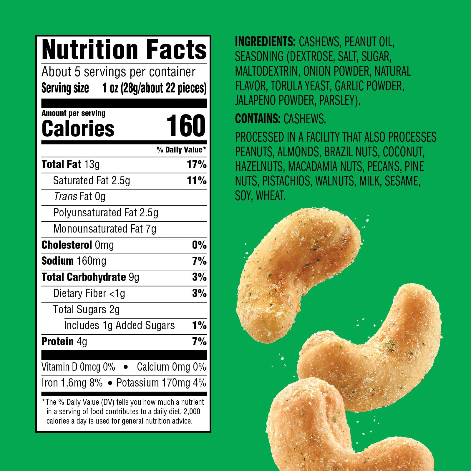 Emerald Nuts Jalapeno Seasoned Cashews (1-Pack) | 5 Oz Resealable Bag | Plant-Based Protein, Kosher Certified, Non-GMO, Contains No Artificial