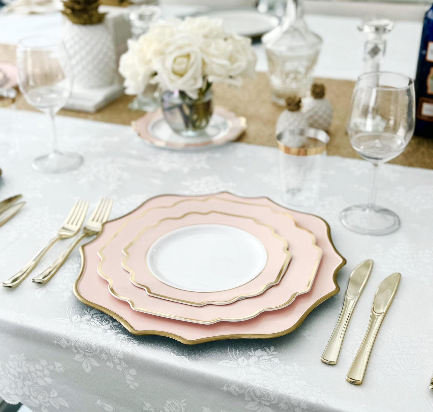 " OCCASIONS " 240 Plates Pack, Heavyweight Disposable Wedding Party Plastic Plates (8'' Appetizer/Dessert Plate, Imperial in White/Blush & Gold)