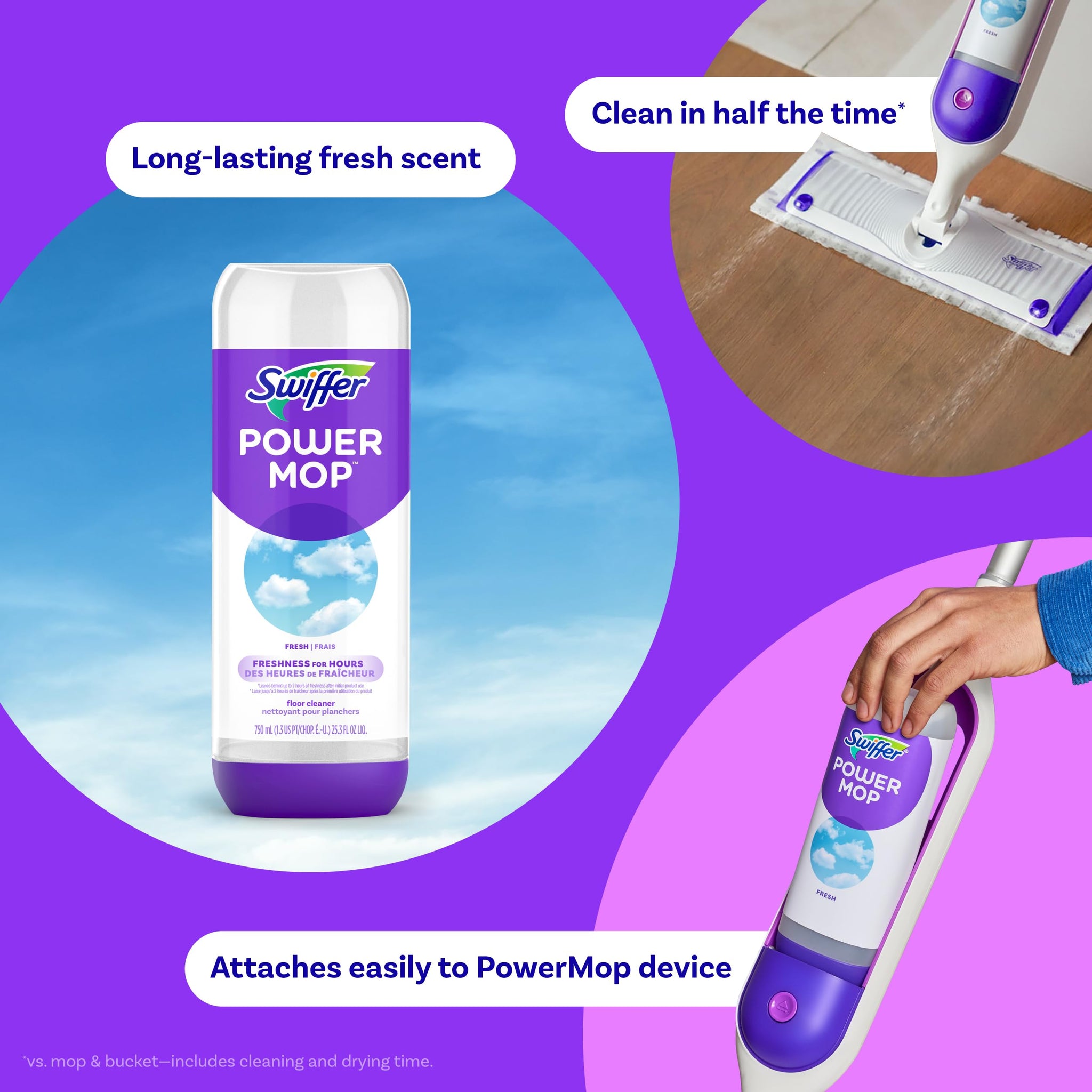 Swiffer PowerMop Liquid Floor Cleaner Refills, Solution for Power Mop, Fresh Scent, 2 Count Mopping Fluid Replacement Bottle, Spray Mops Cleaning