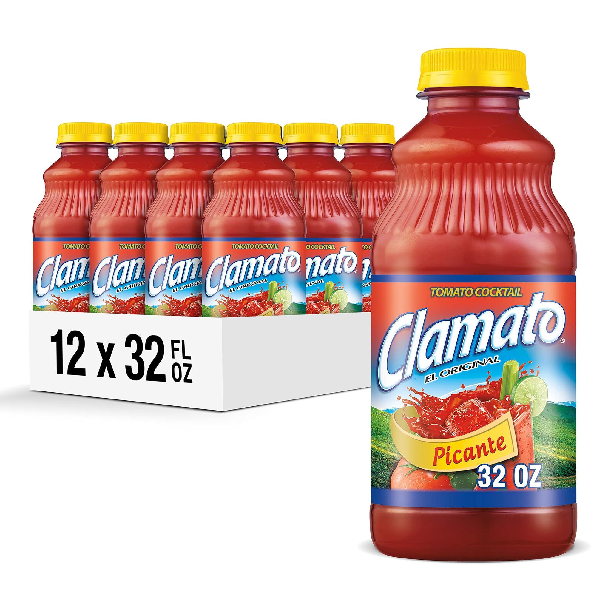 Clamato Picante Tomato Cocktail, 32 fl oz bottle (Pack of 12), Authentic Spicy Flavored Tomato Juice, Perfect Mixer for Micheladas and Bloody Mary